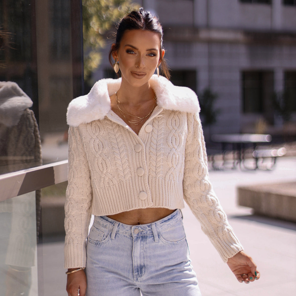 Fur Collared Cardigan Faux Fur Cropped Sweater Lane 201