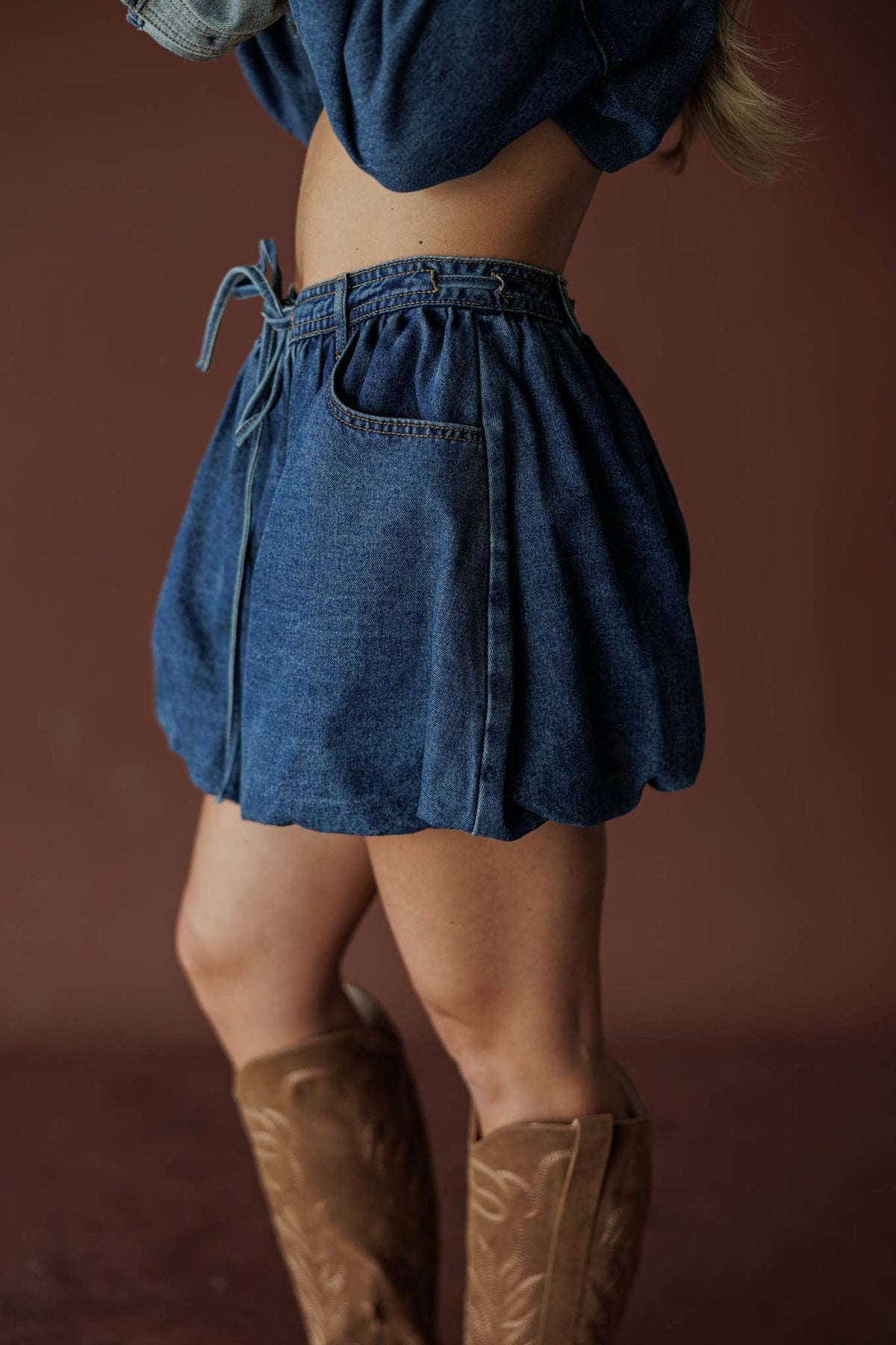 Denim bubble hem skort