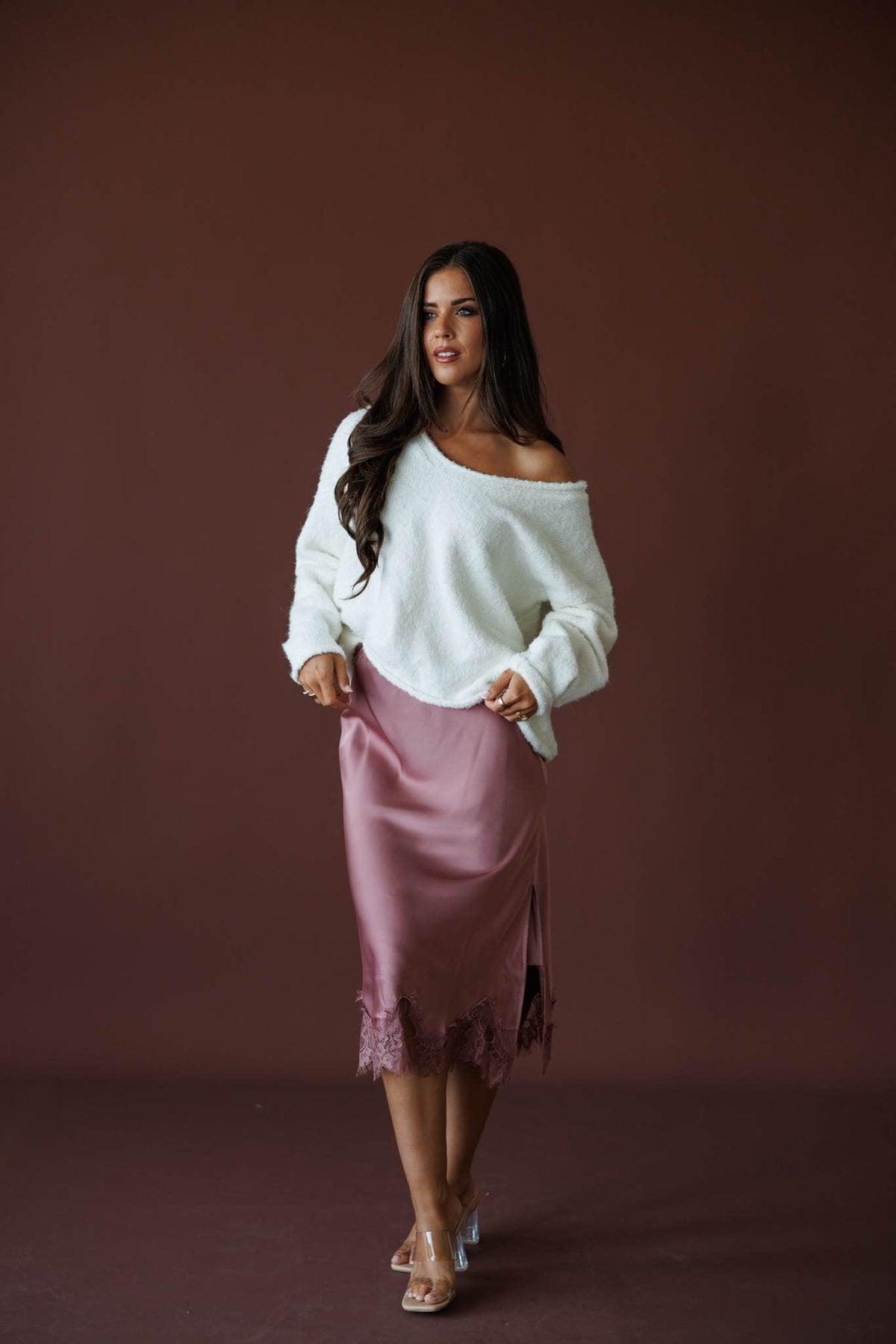 Satin Secrets Lace Midi Skirt in rose dawn, full-length view with a white off shoulder knit