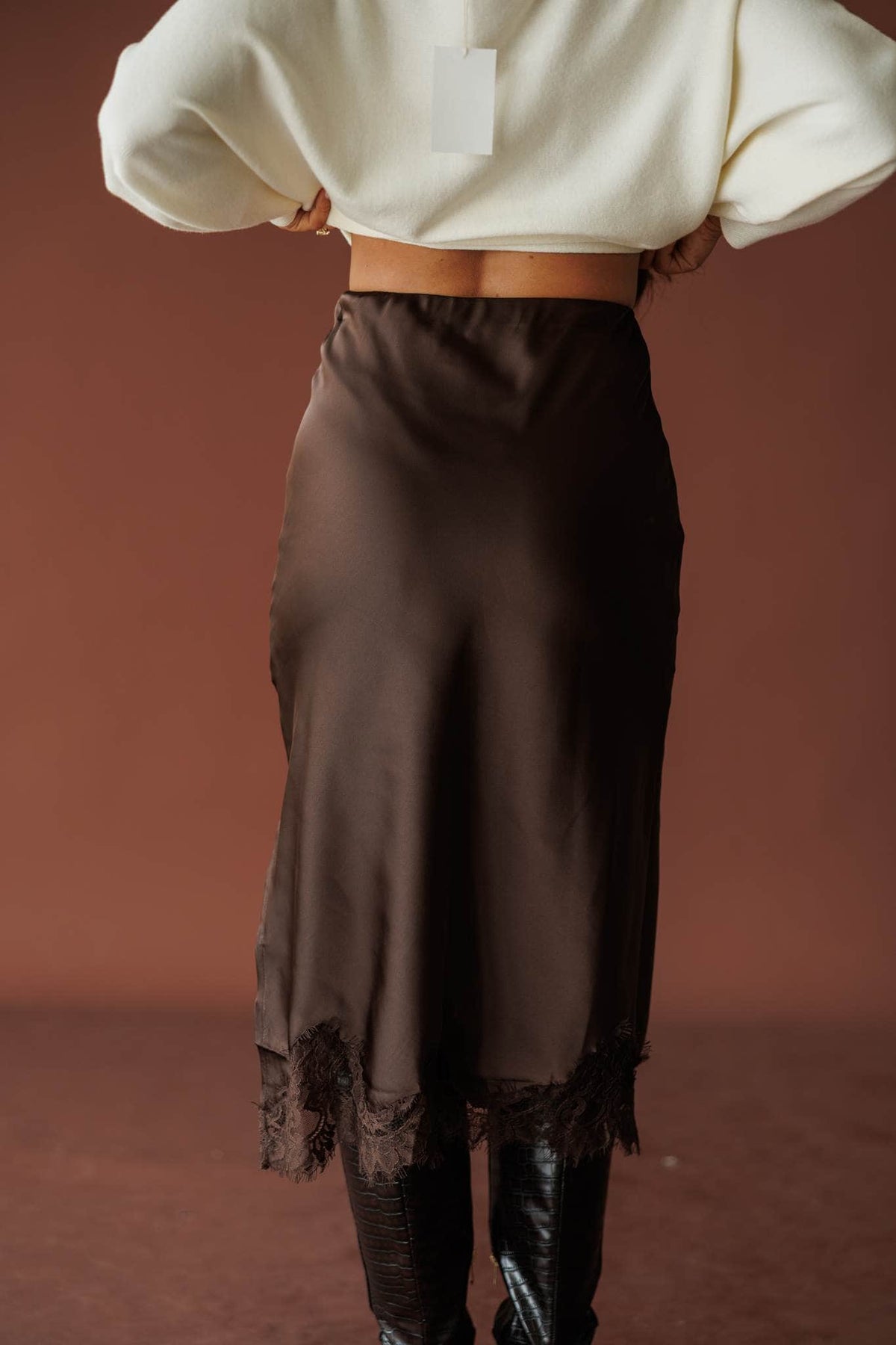 Satin Secrets Lace Midi Skirt, in dark chocolate, side view of the satin skirt