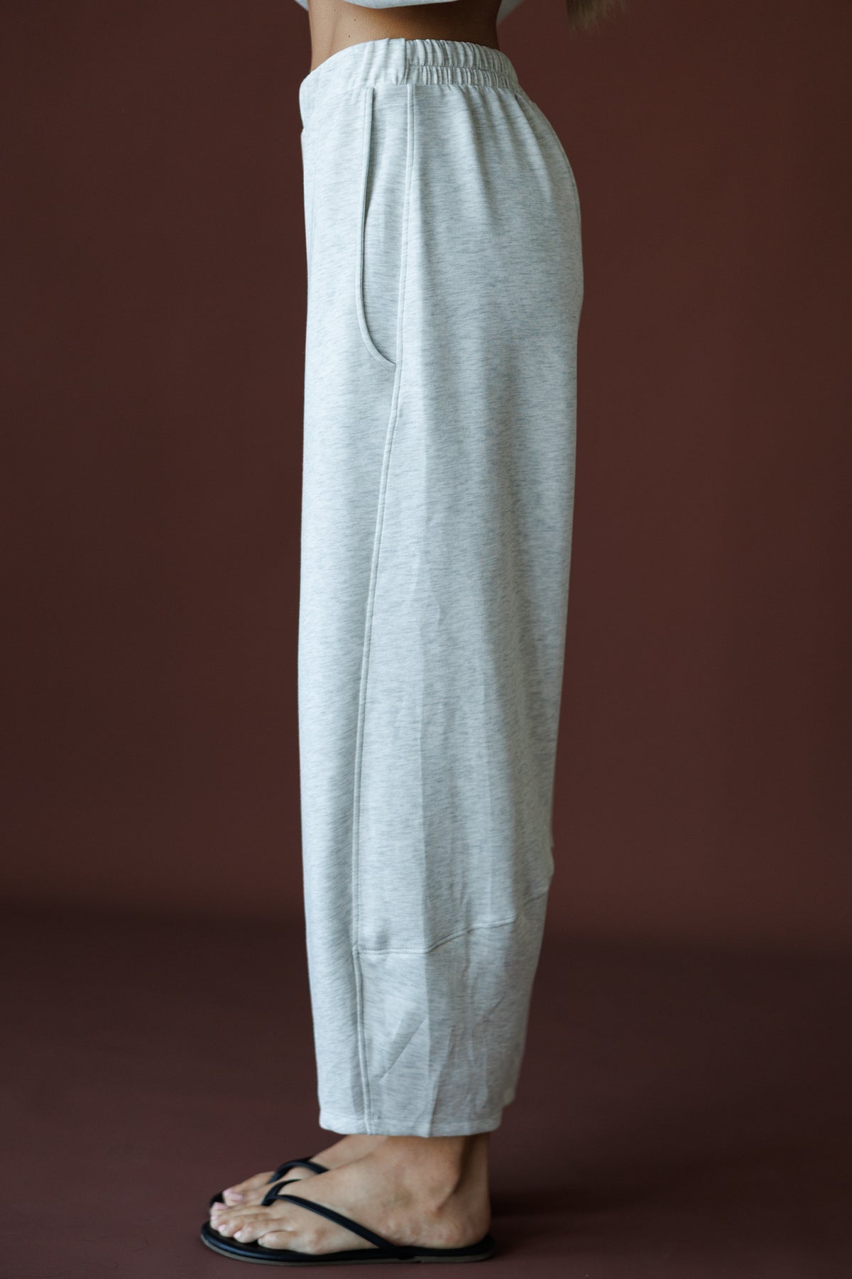 Scuba Barrel Sweatpants in ash grey, front view close-up showing the side seam