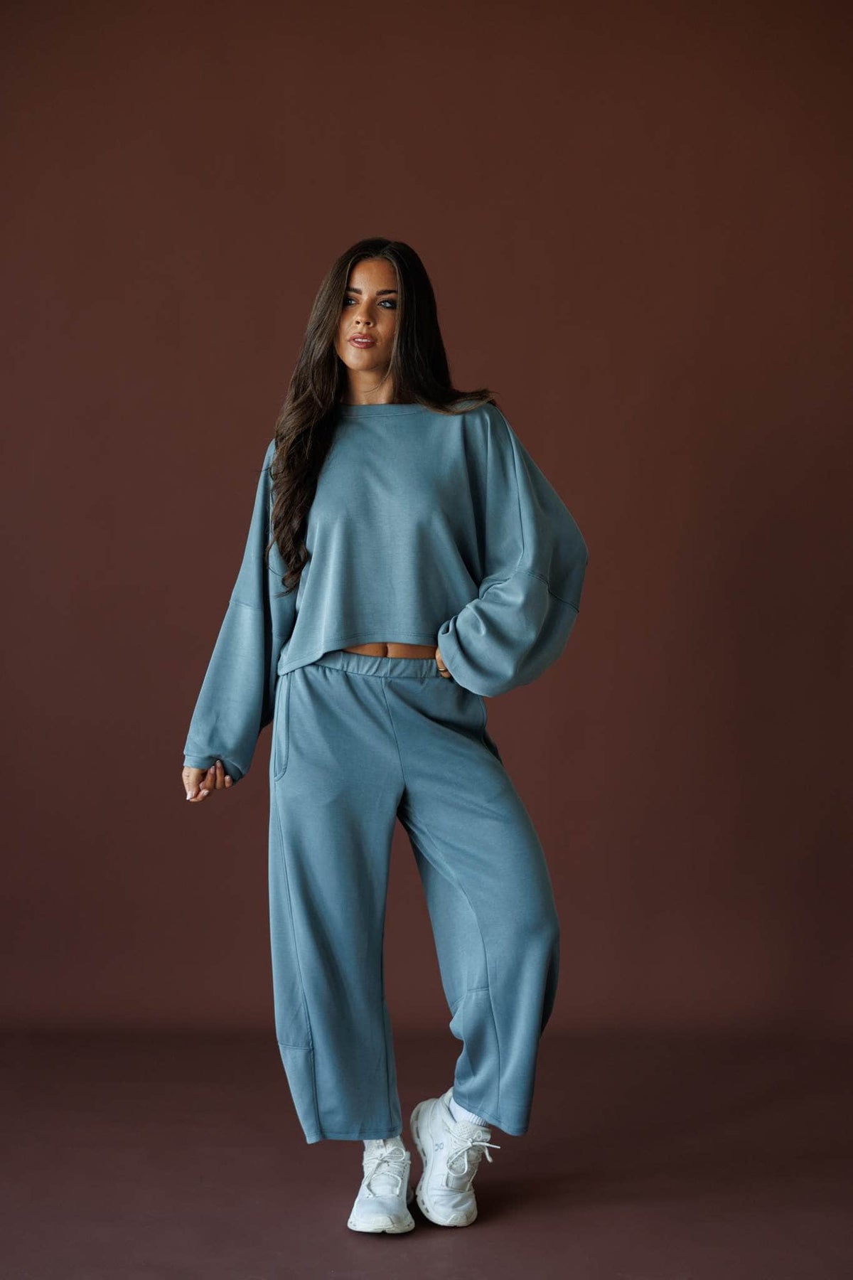 Scuba Barrel Sweatpants in charcoal, full-length front view on model with matching sweatshirt