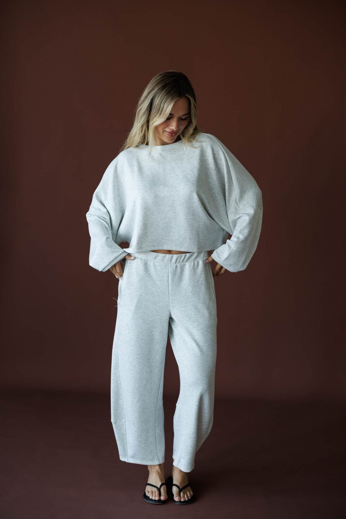 Scuba Barrel Sweatpants in ash grey, full-length front view on model with matching sweatshirt