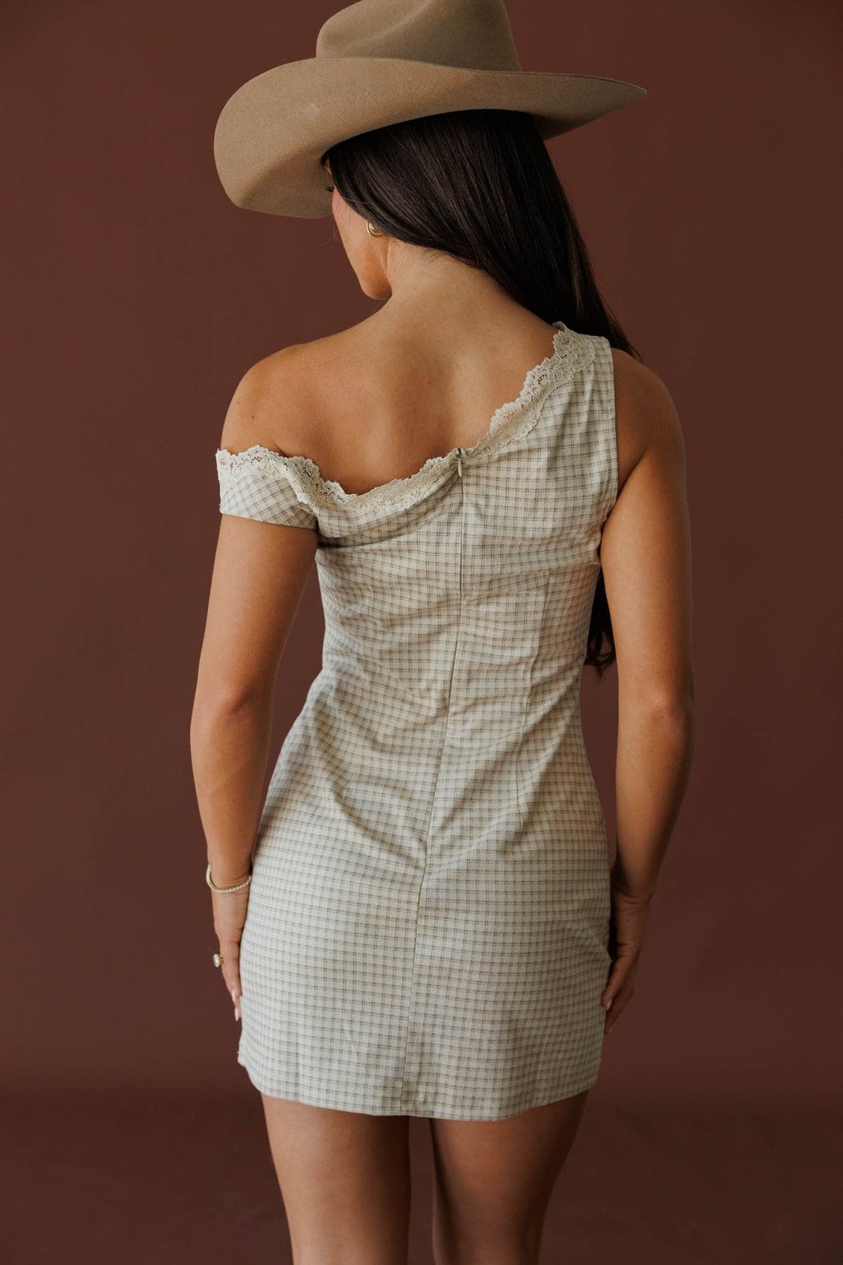 Cream check one shoulder mini dress
