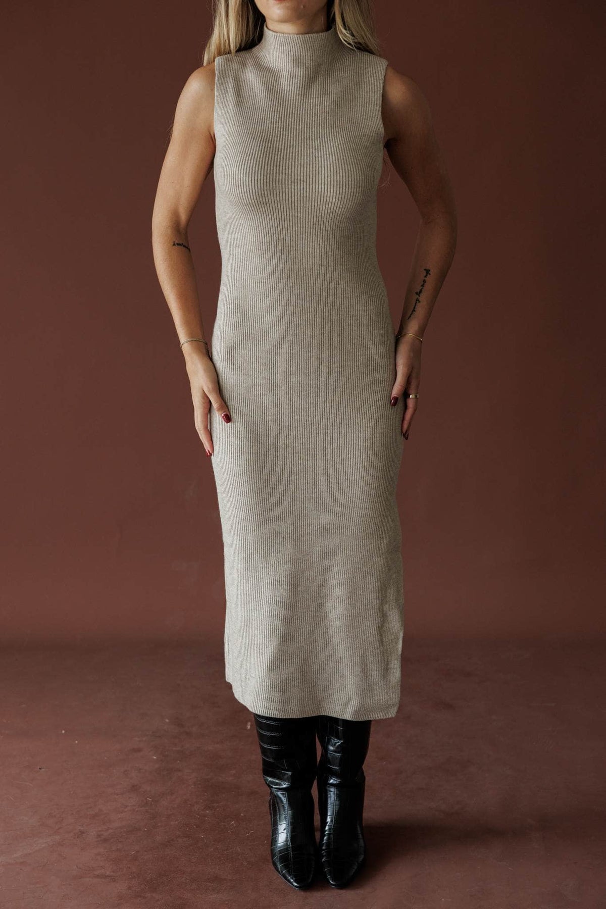 Serving Looks Sweater Dress, in cloud grey, front view of the mock neck and column shape
