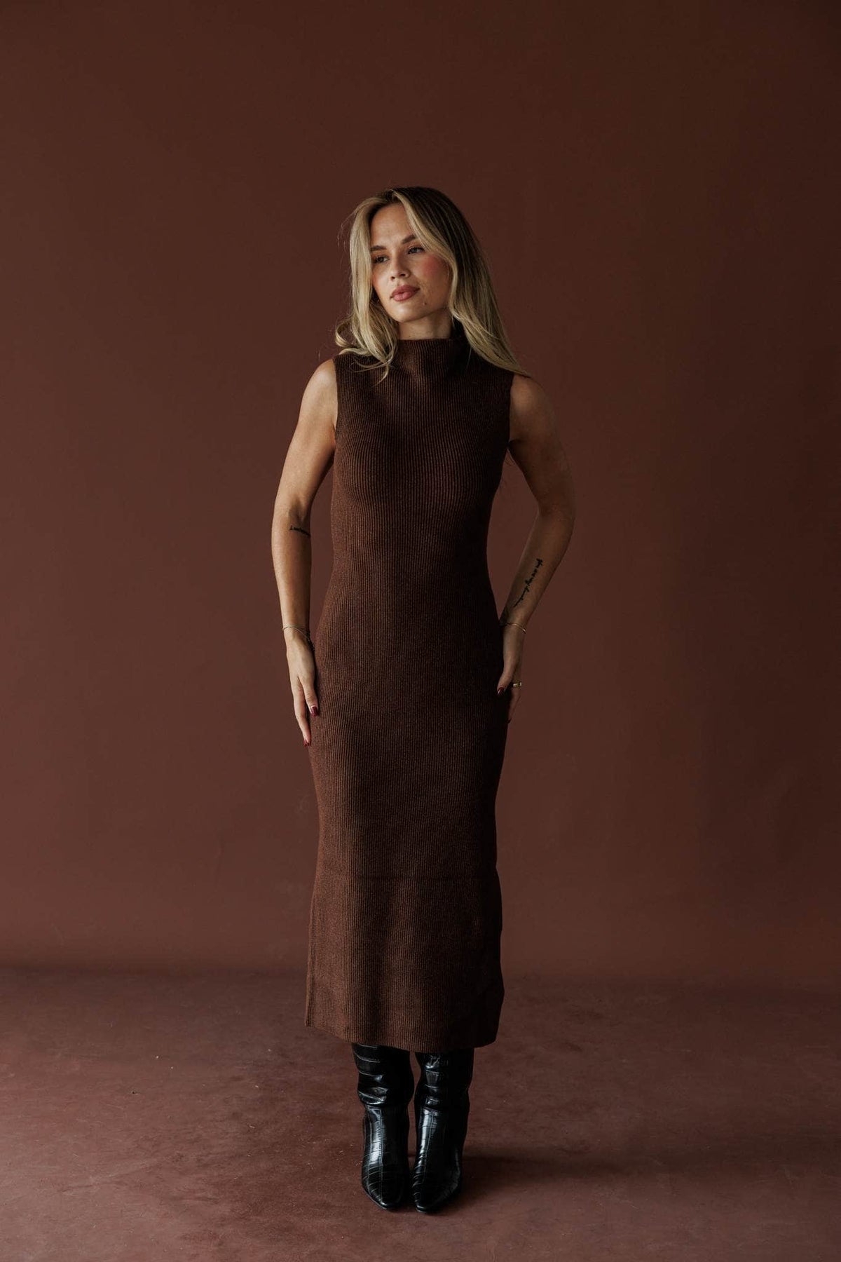 Serving Looks Sweater Dress, in chocolate, front view of the mock neck and column shape