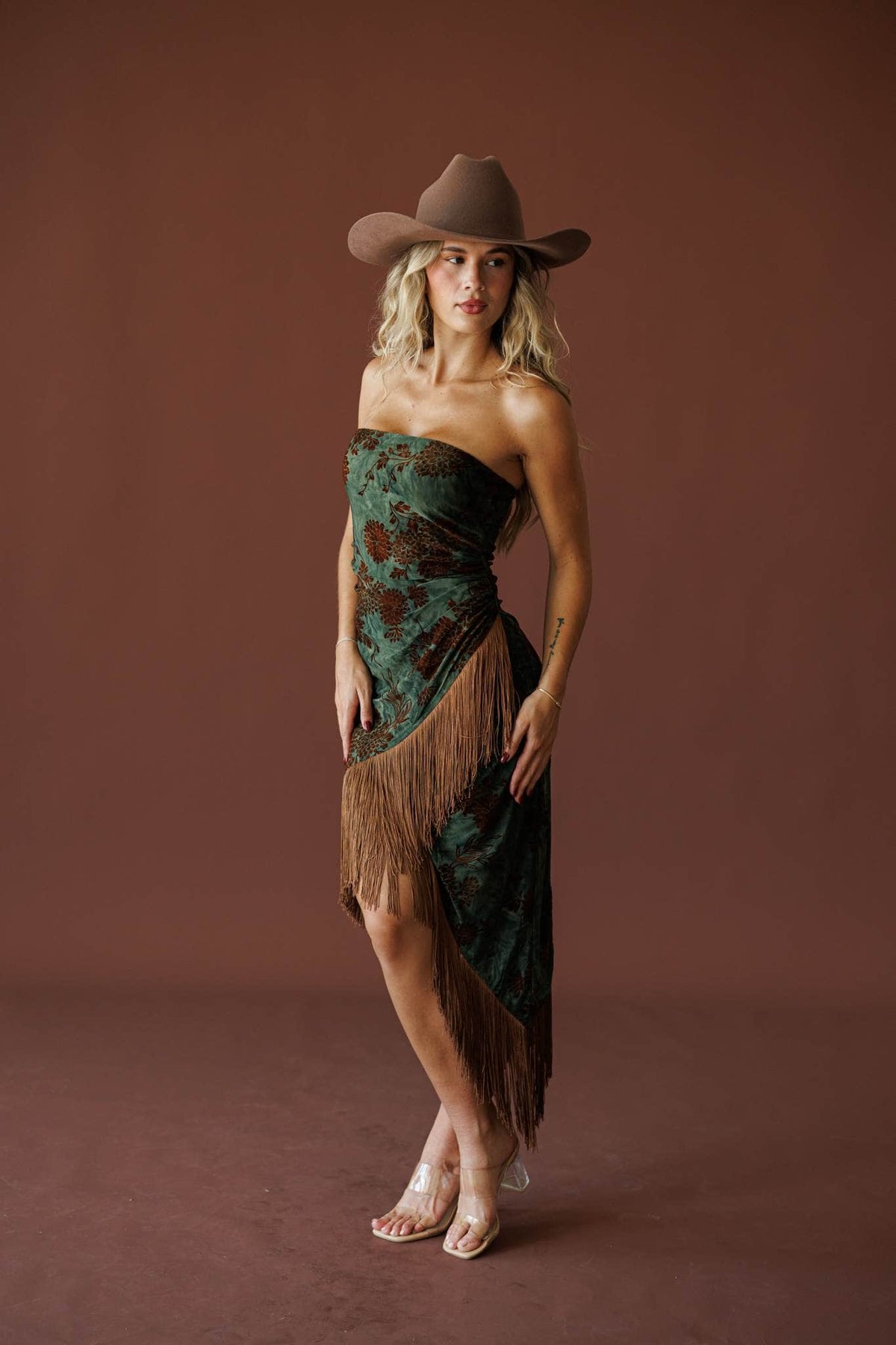 Shimmy All Night Dress in green floral, full-length front view on model