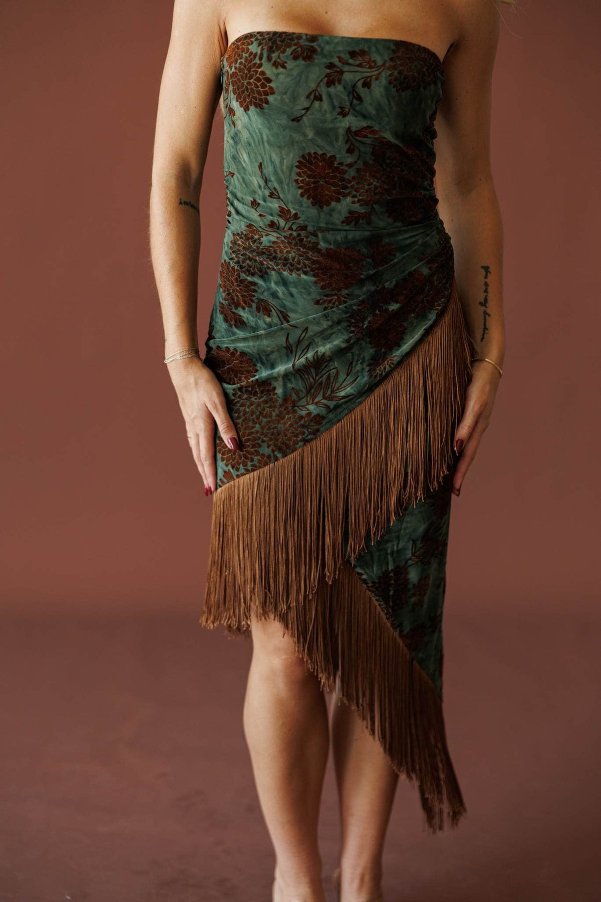 Shimmy All Night Dress in green floral, front close-up of the fringe and floral print