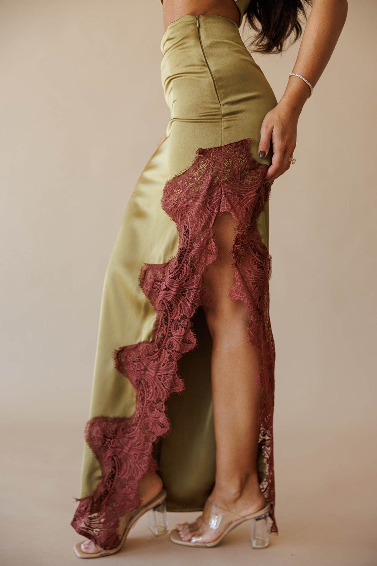 Olive satin maxi skirt with lace trim