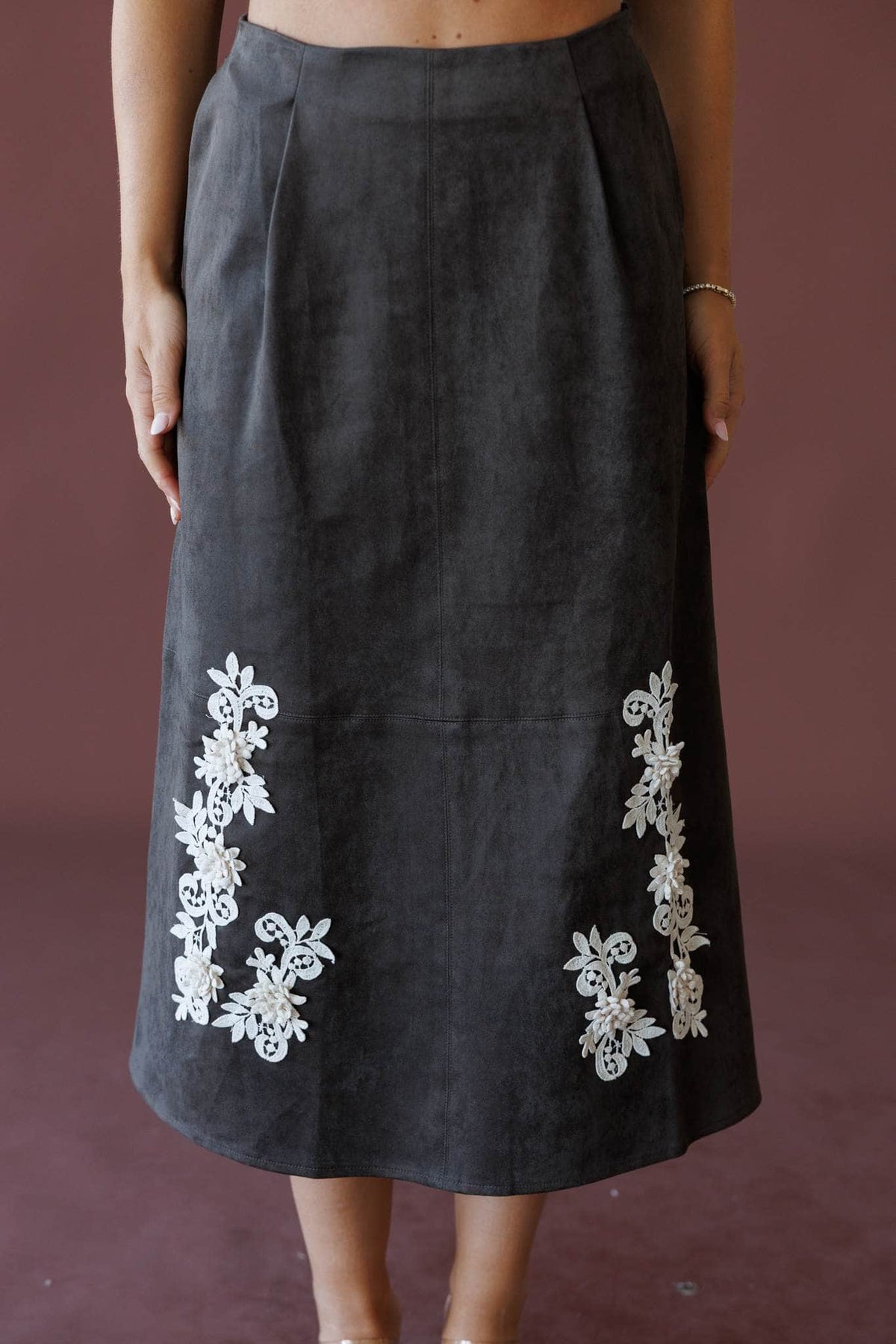Coffee and cream suede skirt, front view