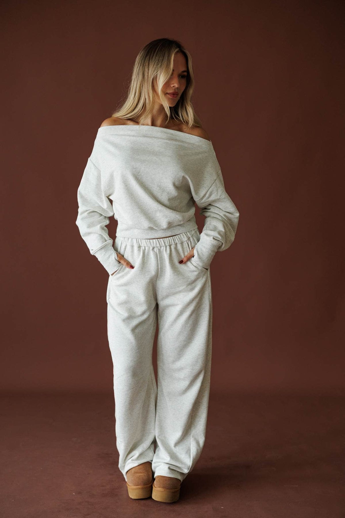 Slow Sunday Terry Pants in heather grey, full-length view on model with tan clogs