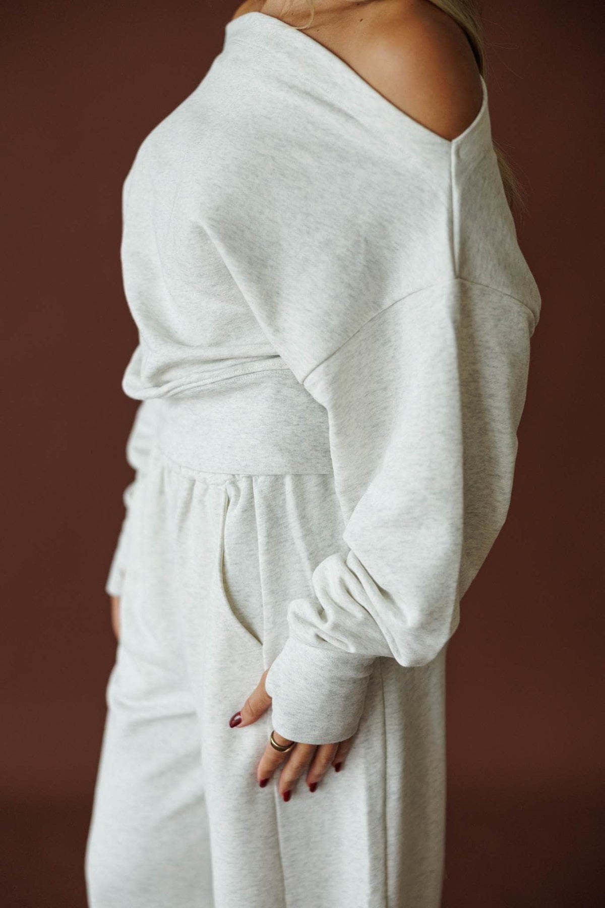 Slow Sunday Terry Top in heather grey, back view showing the slouchy terry sweatshirt