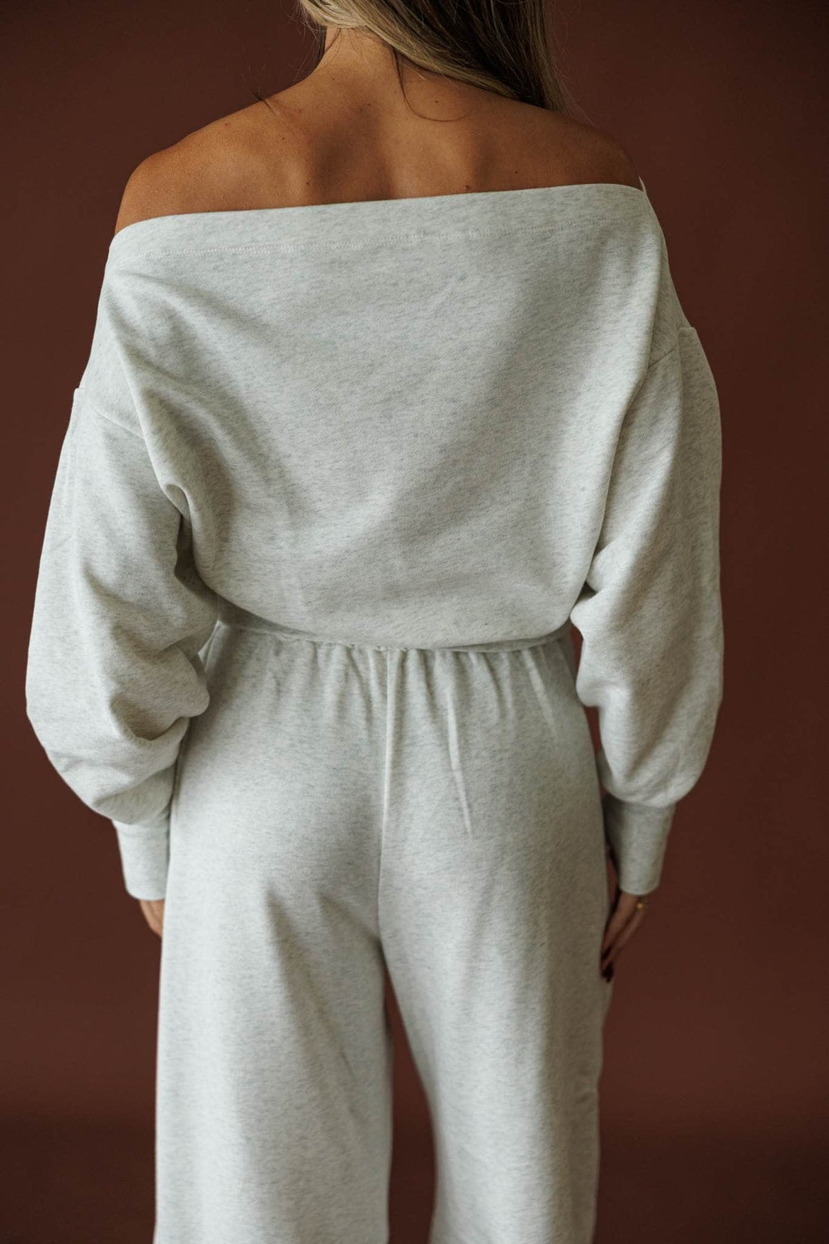 Slow Sunday Terry Top in heather grey, front close-up of the off shoulder neckline
