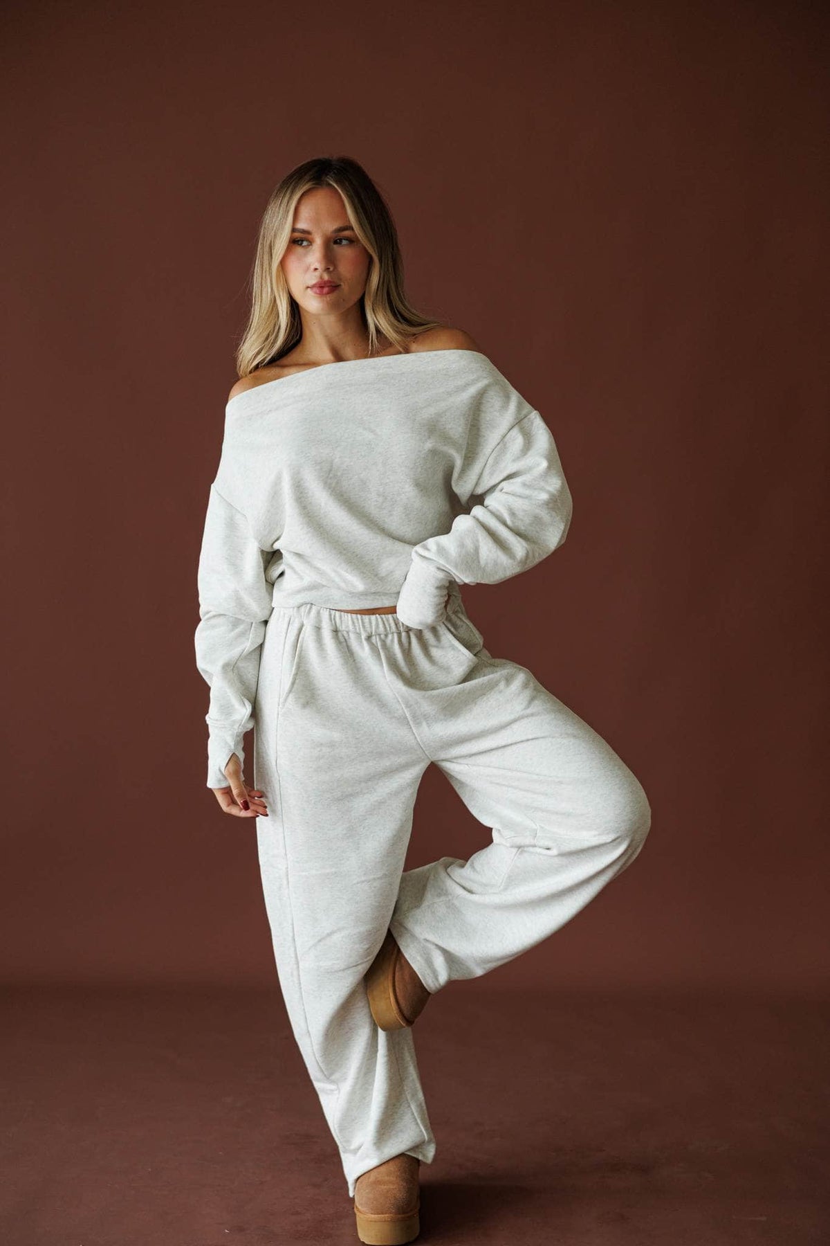 Slow Sunday Terry Top in heather grey, full-length view on model with one knee raised