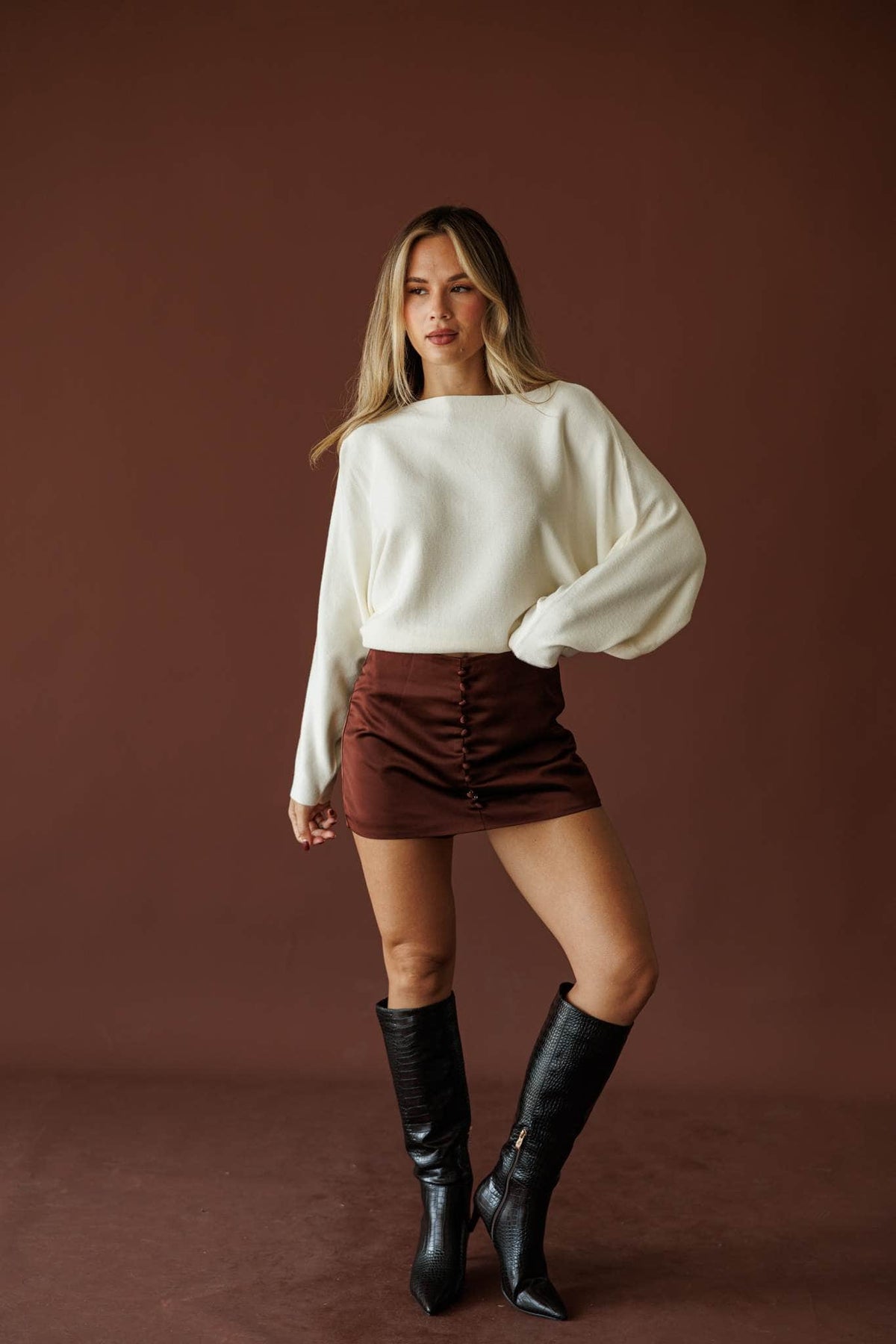 Cream boat neck knit top with blouson sleeves