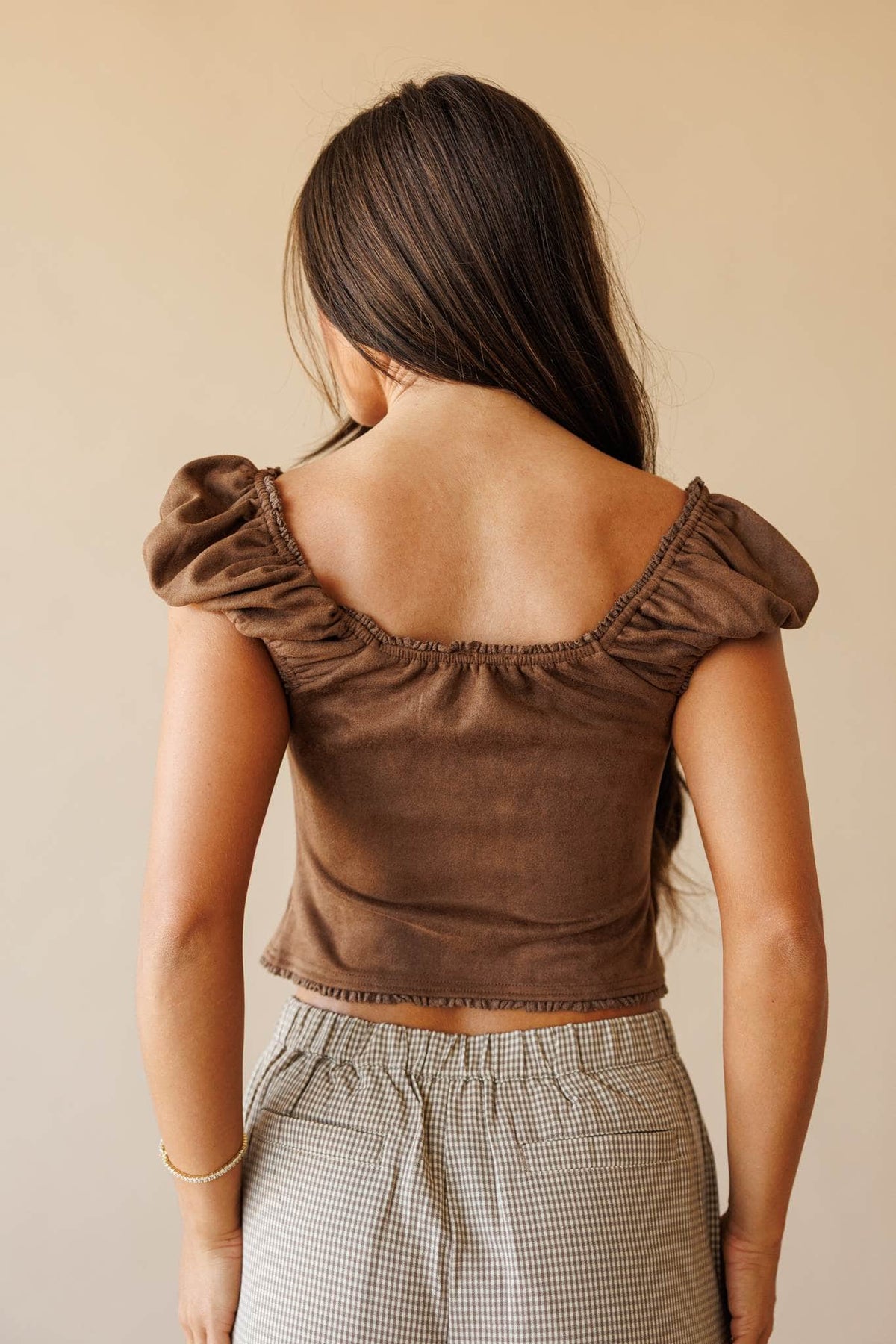 Brown faux suede square neck top