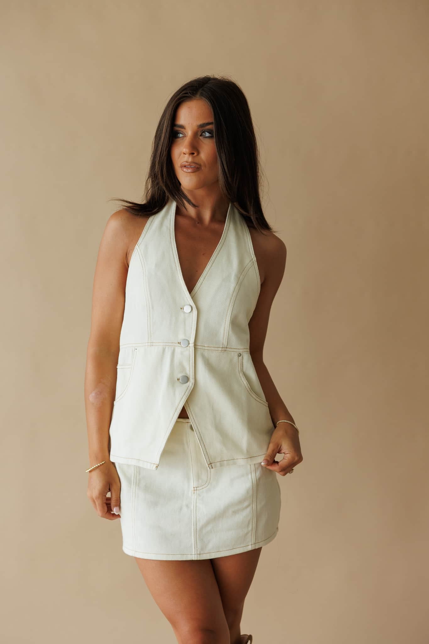 Cream Denim Pocket Detail Halter Top