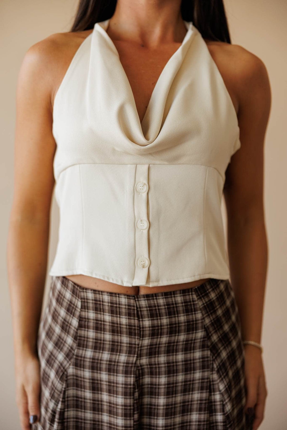 Ivory satin cowl neck top