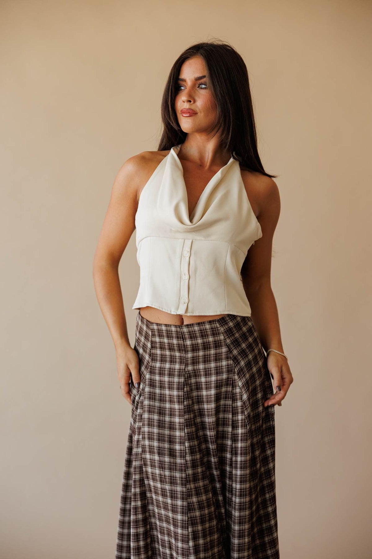 Ivory satin cowl neck top, front view