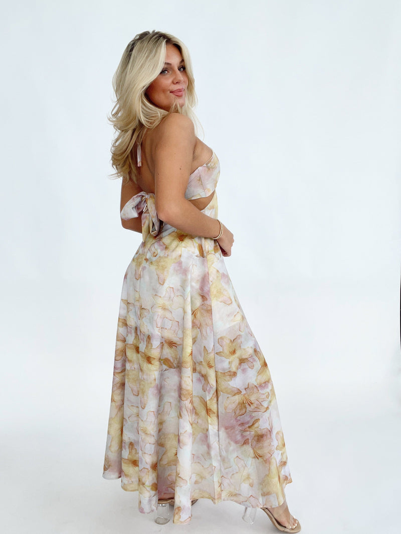 ST4101D01 floral tie up front cutout maxi dress One & Only