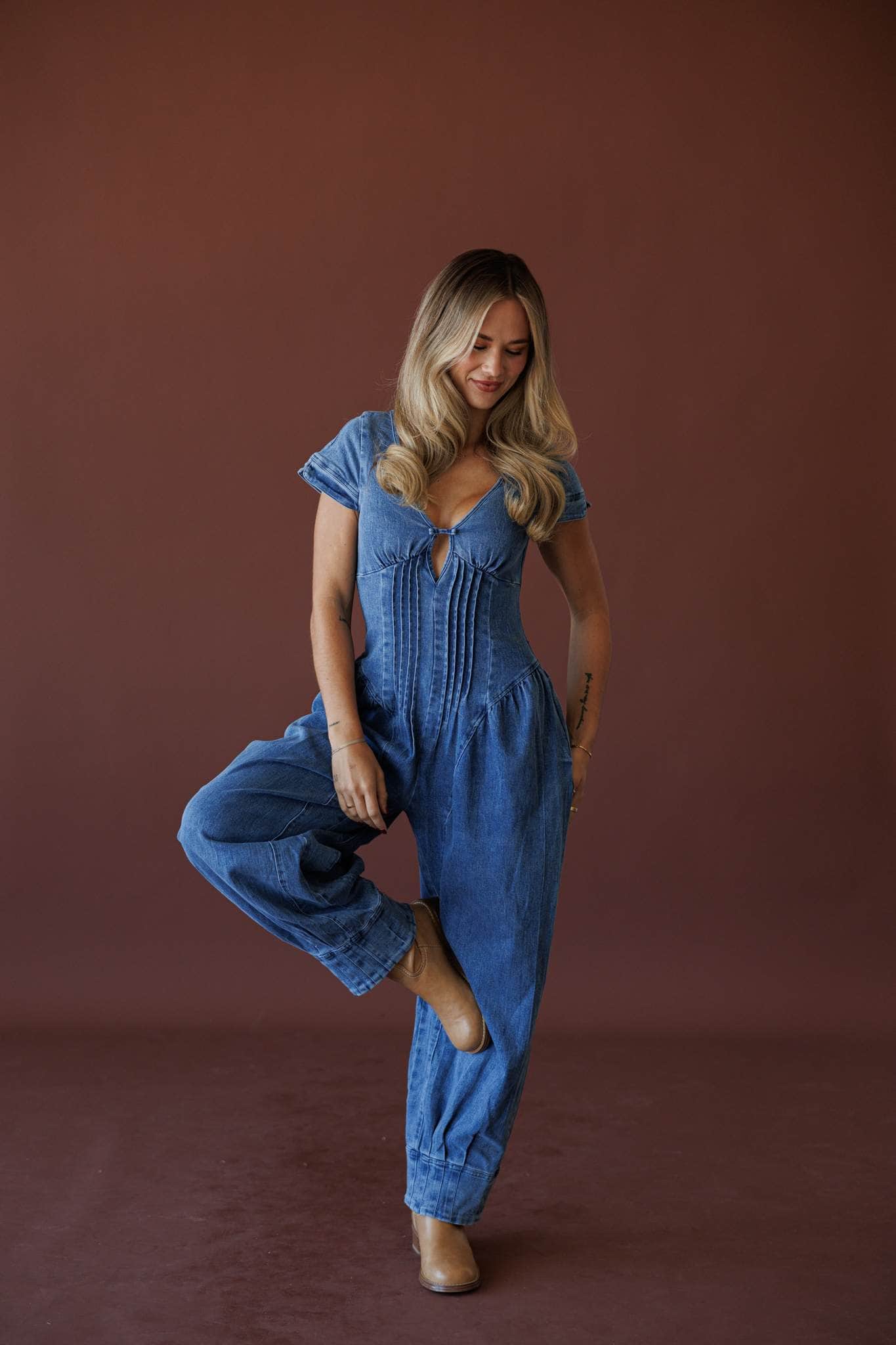 Short Sleeve Denim Jumpsuit | Barrel Leg Pintuck Outfit | Lane 201 Short Sleeve Denim Jumpsuit | Barrel Leg Pintuck Outfit | Lane 201