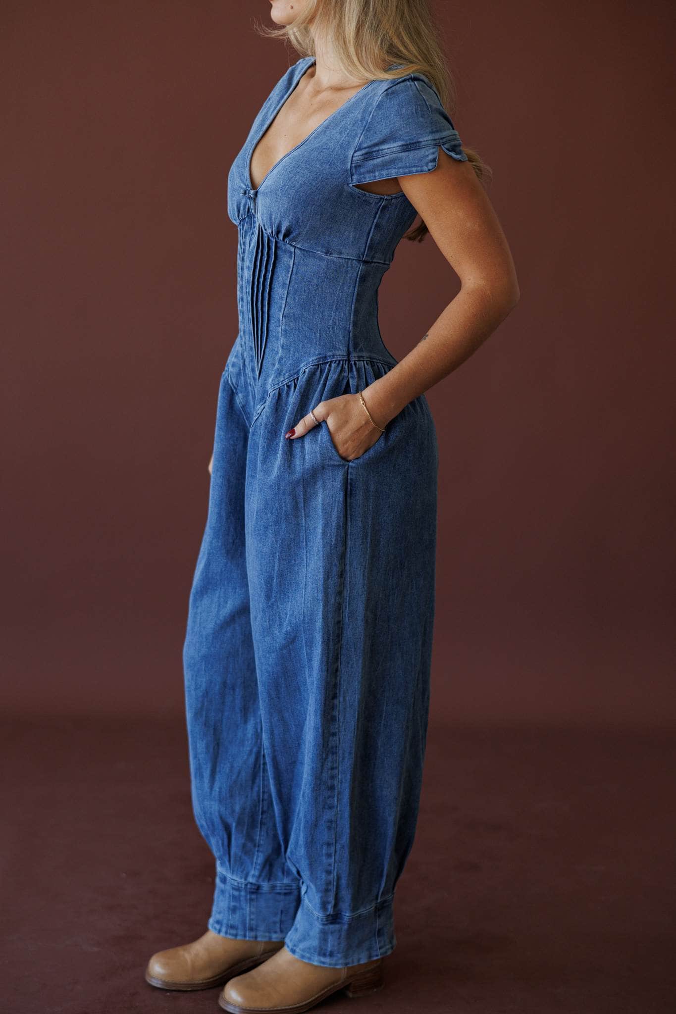 Short Sleeve Denim Jumpsuit | Barrel Leg Pintuck Outfit | Lane 201