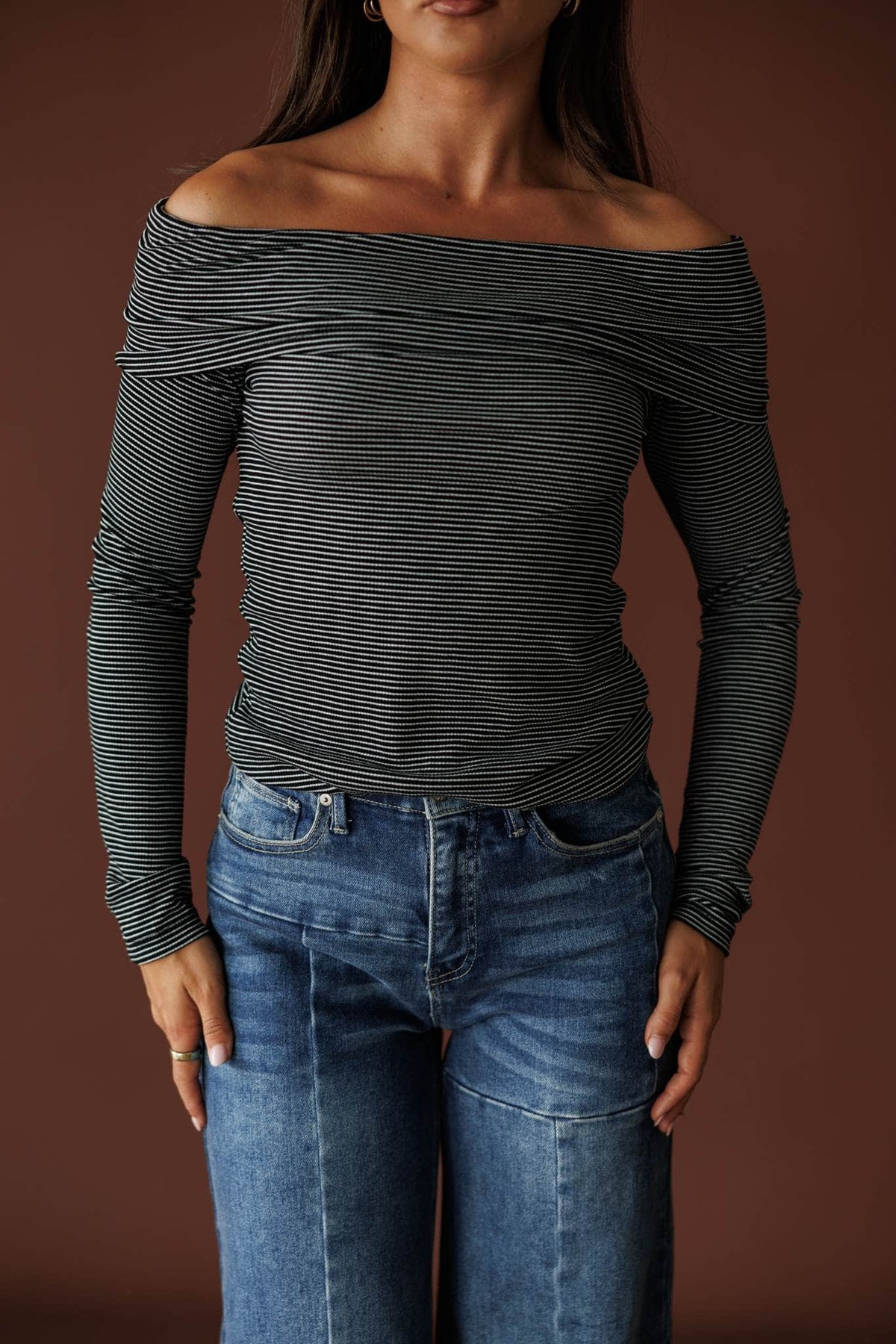 Black striped off the shoulder top