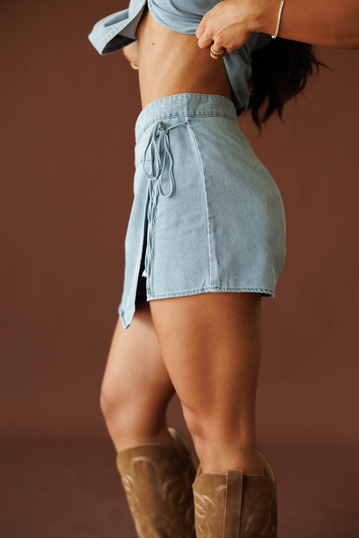 Sun Valley Denim Skort in denim, side view showing the wrapped chambray skort