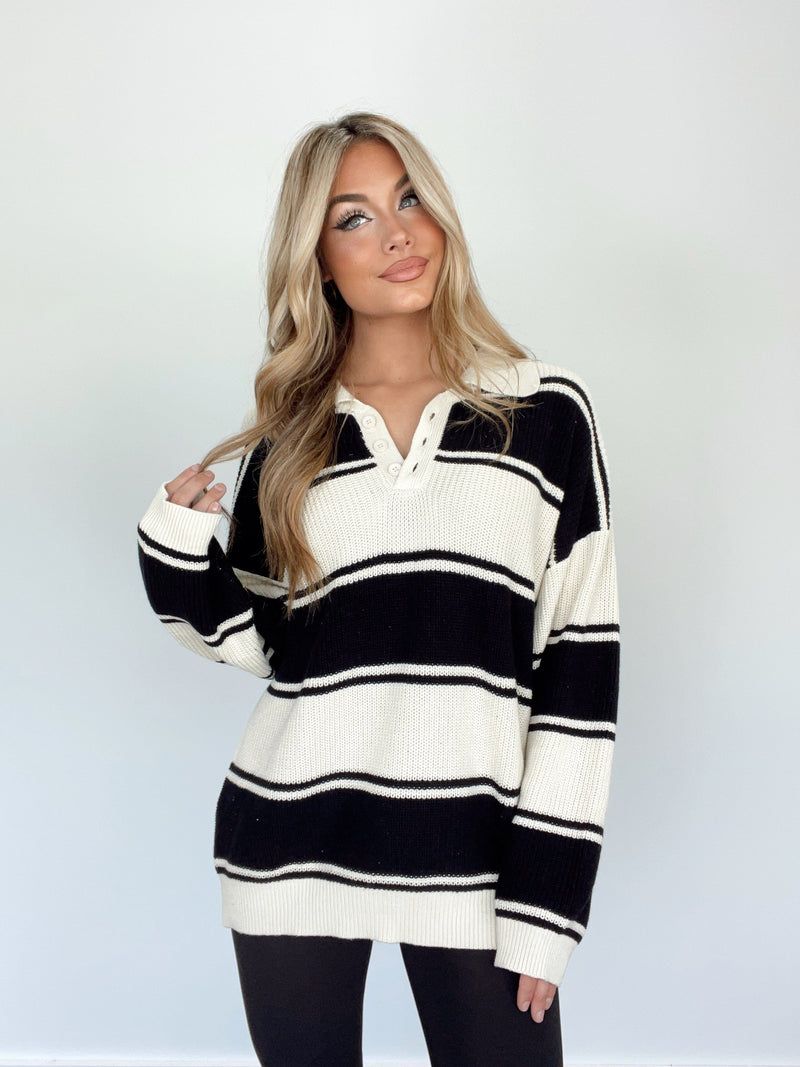 SWT8904-LANE white/black stripe collared sweater LE LIS