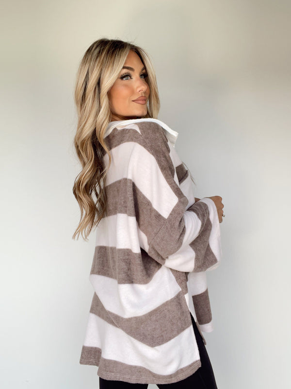 T1211 soft brushed striped collared top Bucketlist