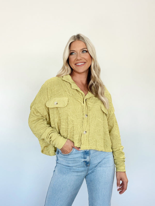 T1778A chartreuse cropped button up textured knit shacket Bucketlist