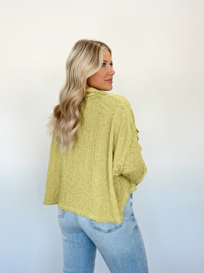 T1778A chartreuse cropped button up textured knit shacket Bucketlist