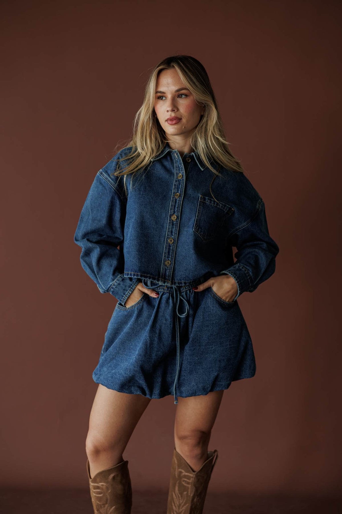 Denim jacket with drawstring waist