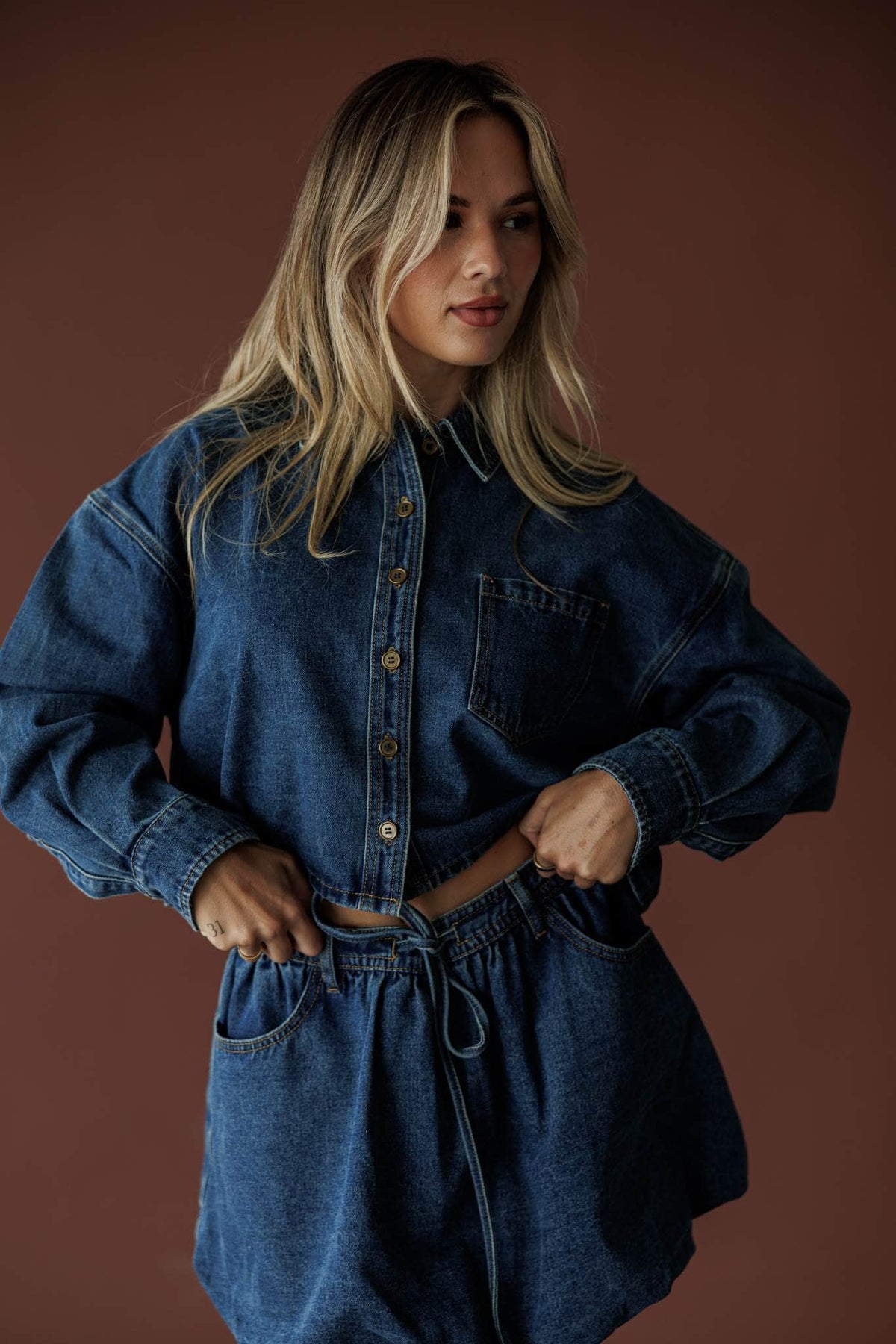 Denim jacket with drawstring waist