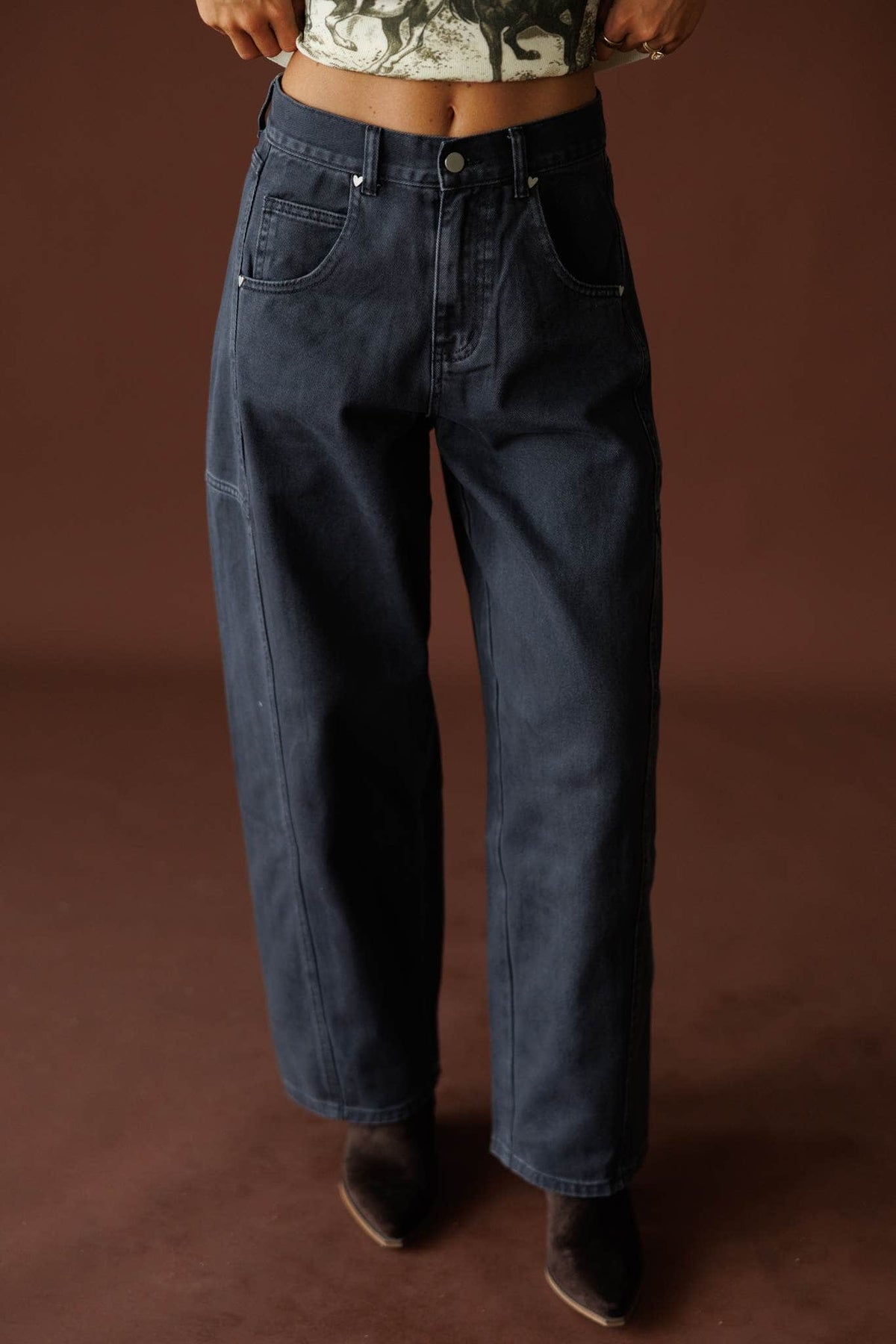 Midnight Barrel Jeans in black, full-length view with a western graphic tank