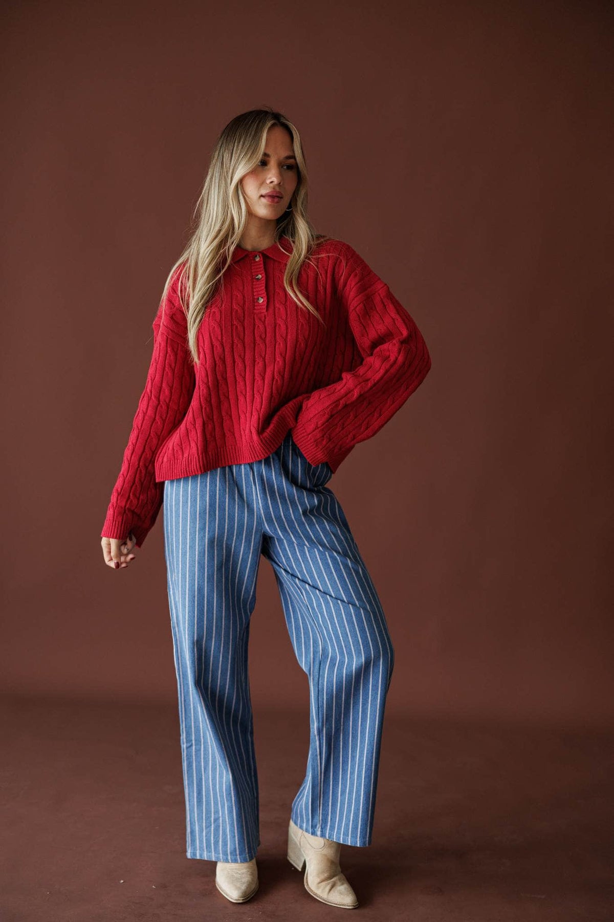 Ticking Stripe Denim Pants in washed blue, full-length view on model with cream clogs