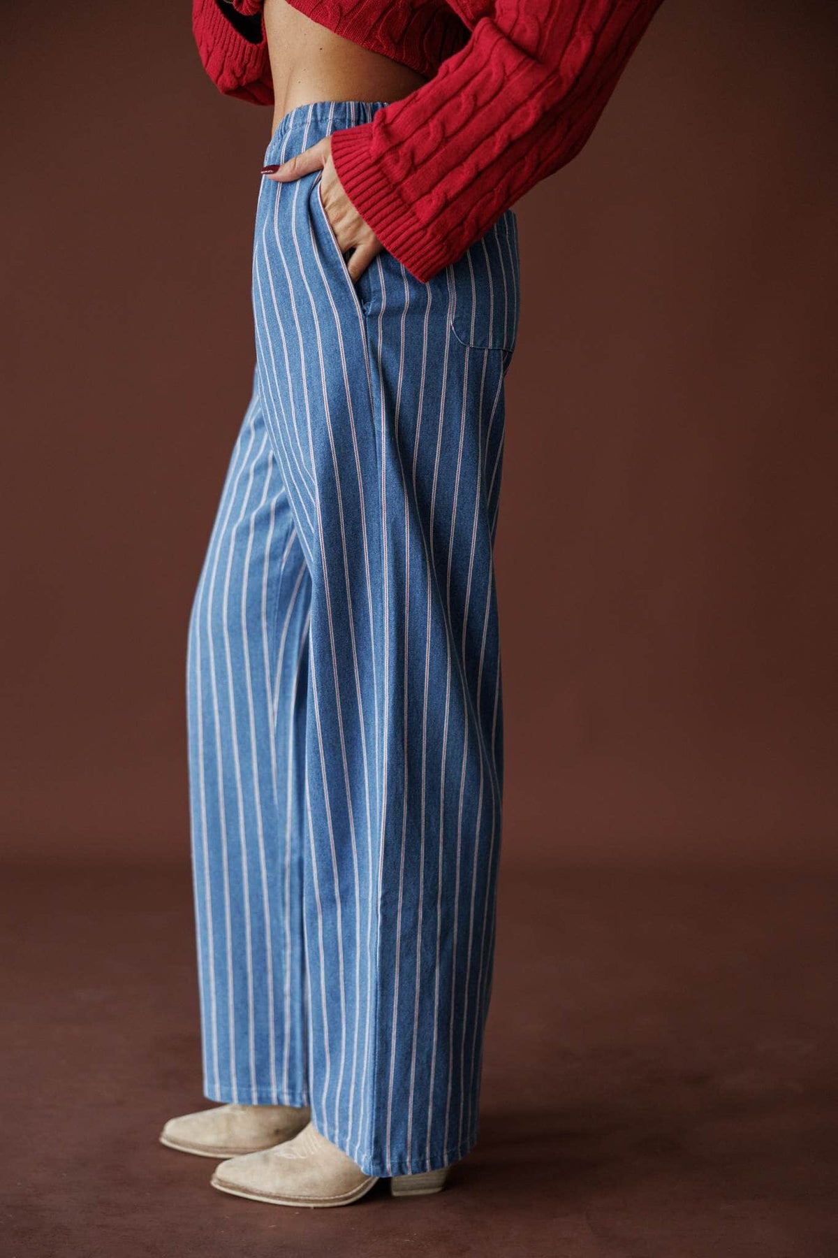 Ticking Stripe Denim Pants in washed blue, side view showing the wide leg striped denim