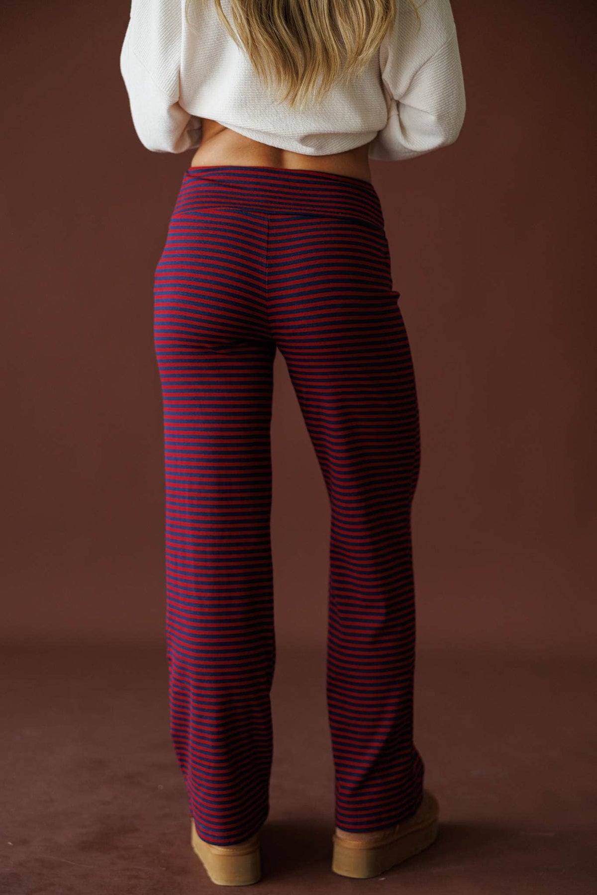 Everyday Stripe Yoga Pants in navy and burgundy, back view showing the striped straight leg