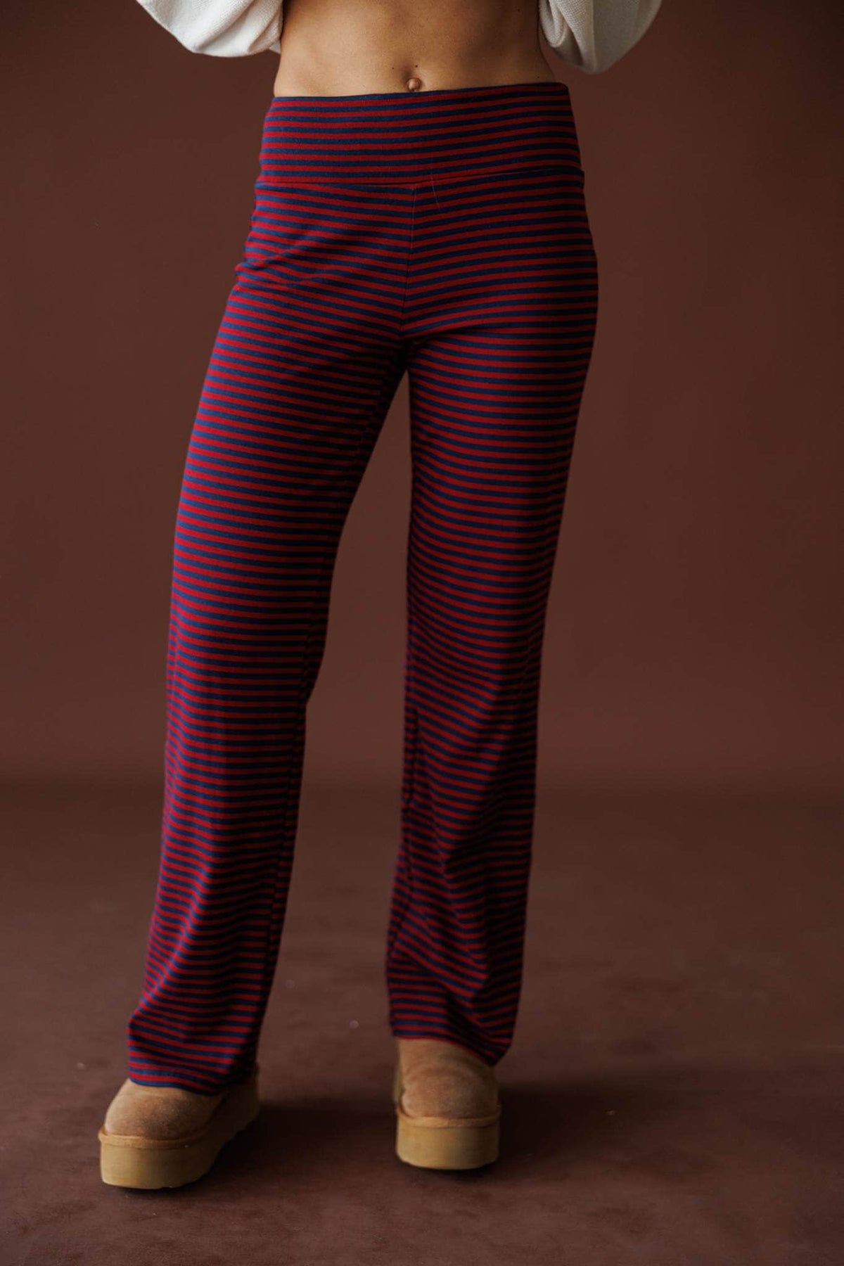 Everyday Stripe Yoga Pants in navy and burgundy, front close-up of the striped high rise waist