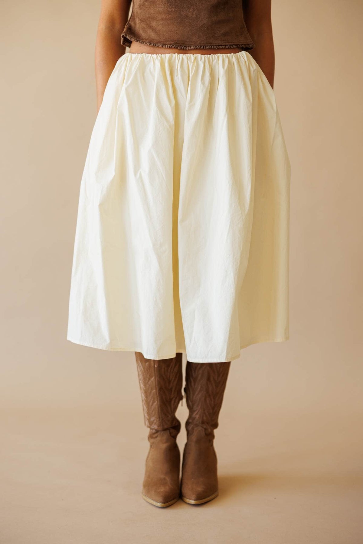 Cream gathered waist midi skirt