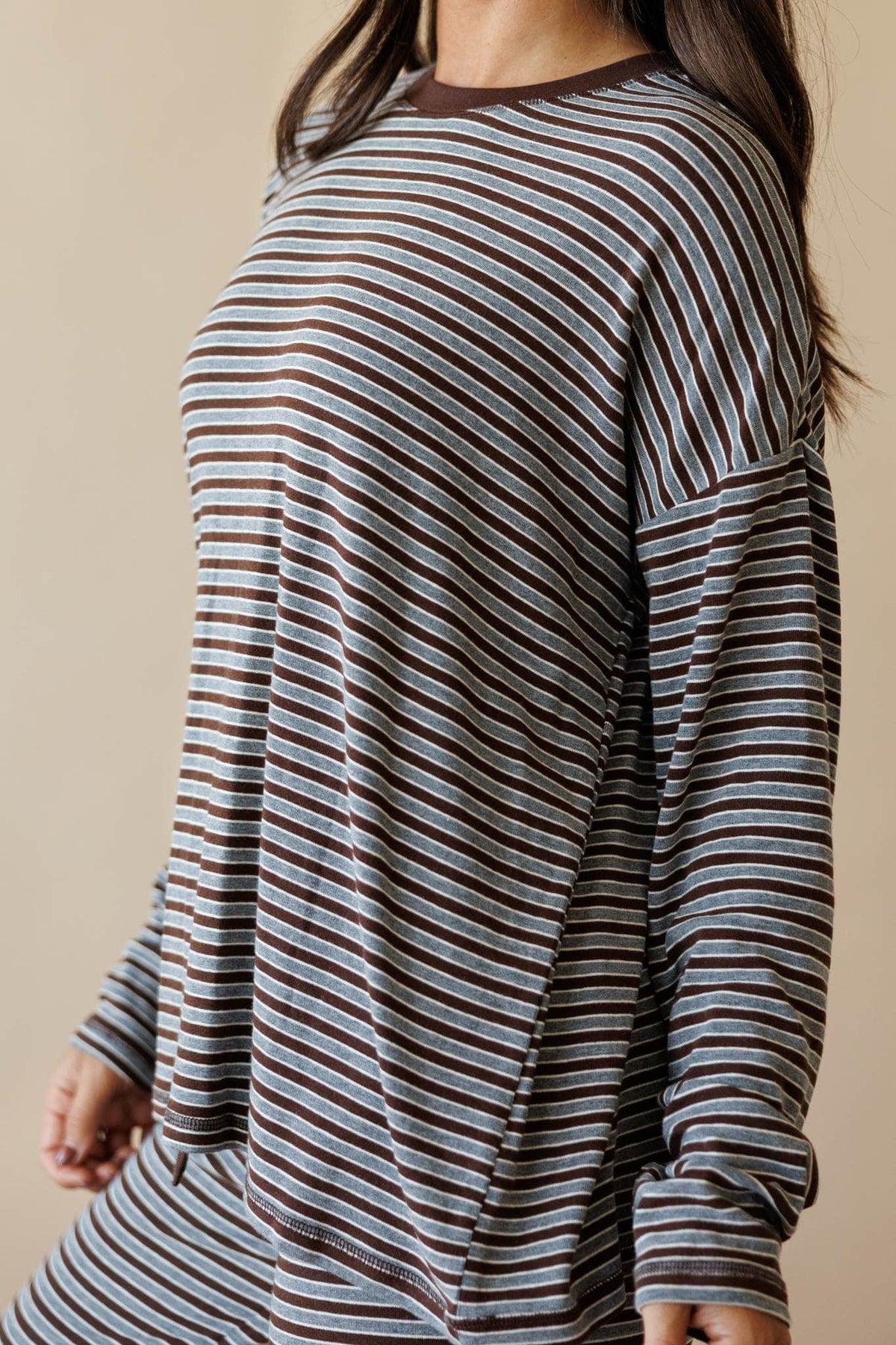 Brown and grey stripe oversized knit top
