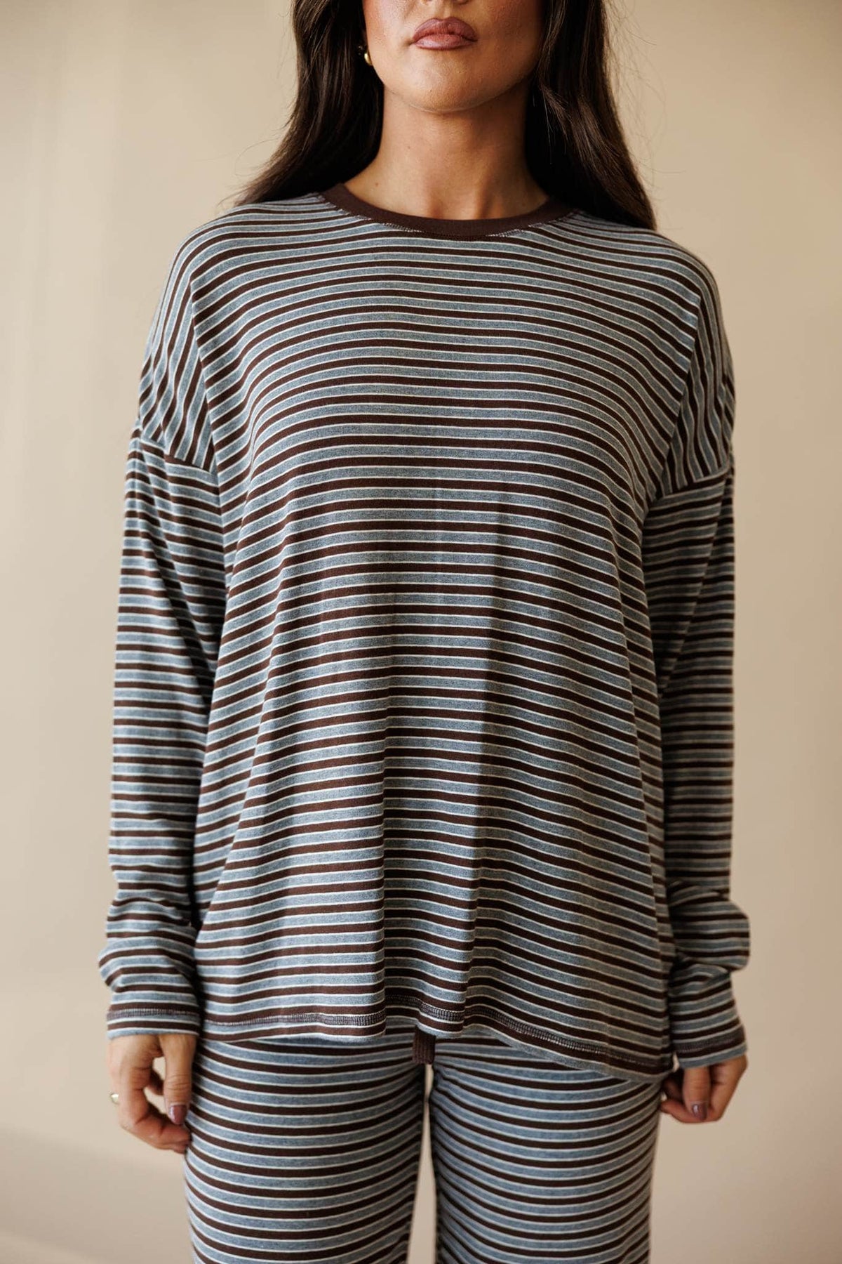 Brown and grey stripe oversized knit top