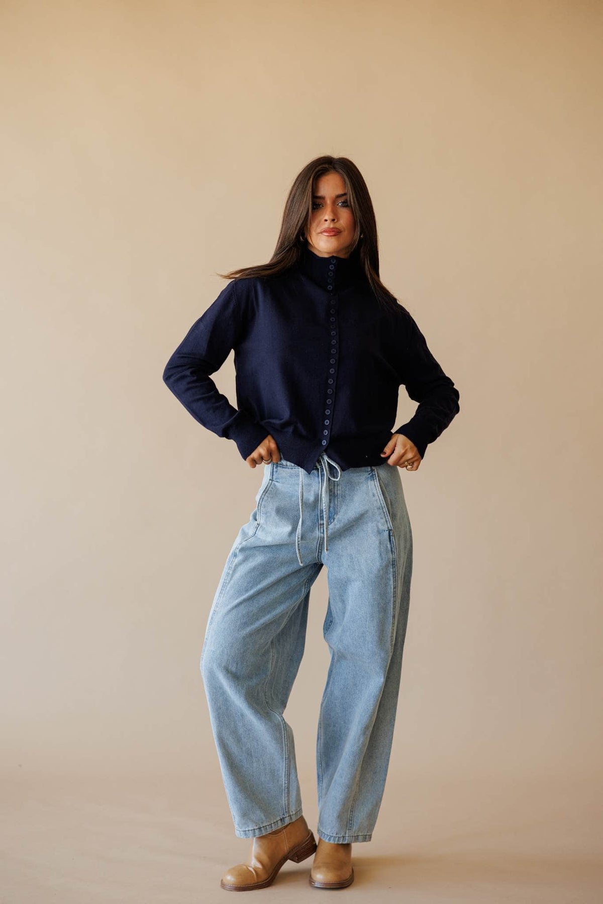 Navy button front mock neck cardigan