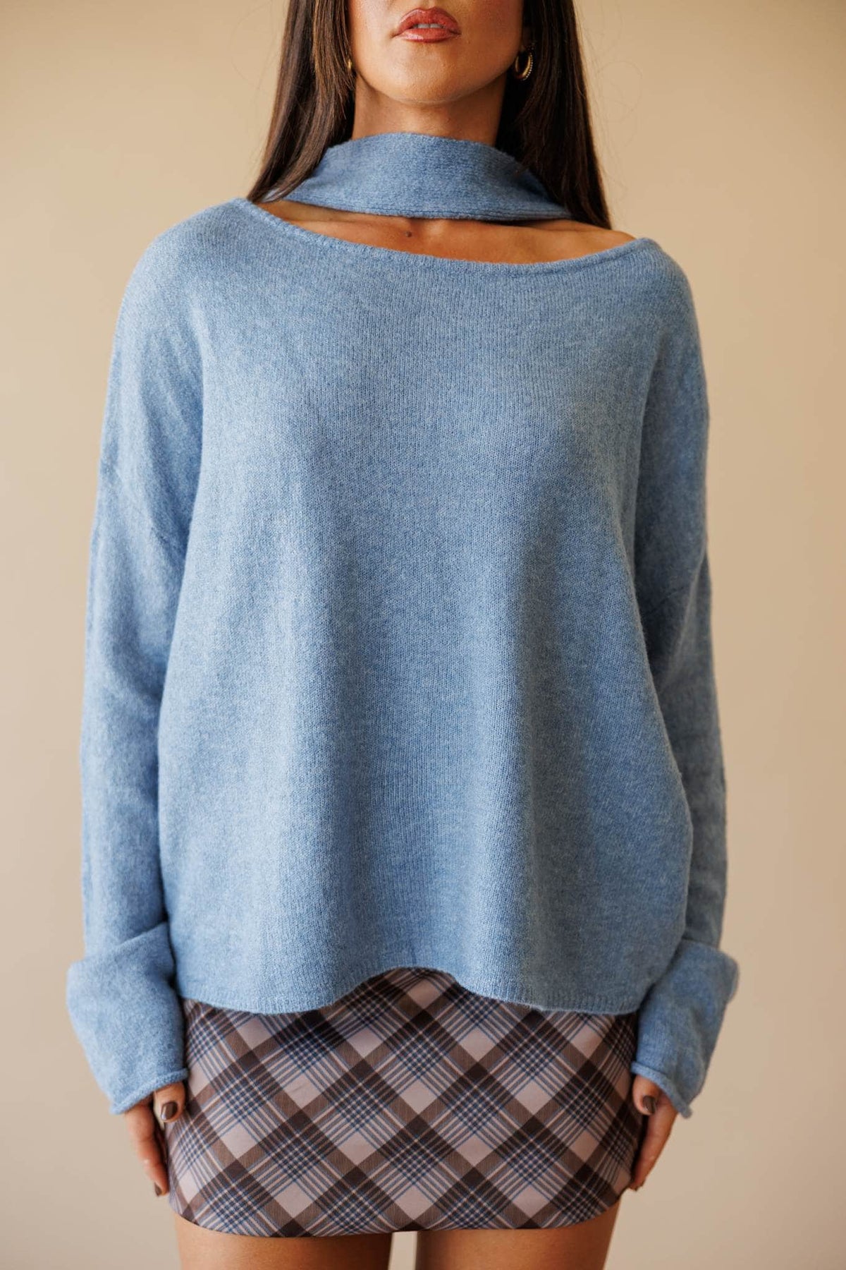 Dusty blue cold shoulder sweater with scarf detail
