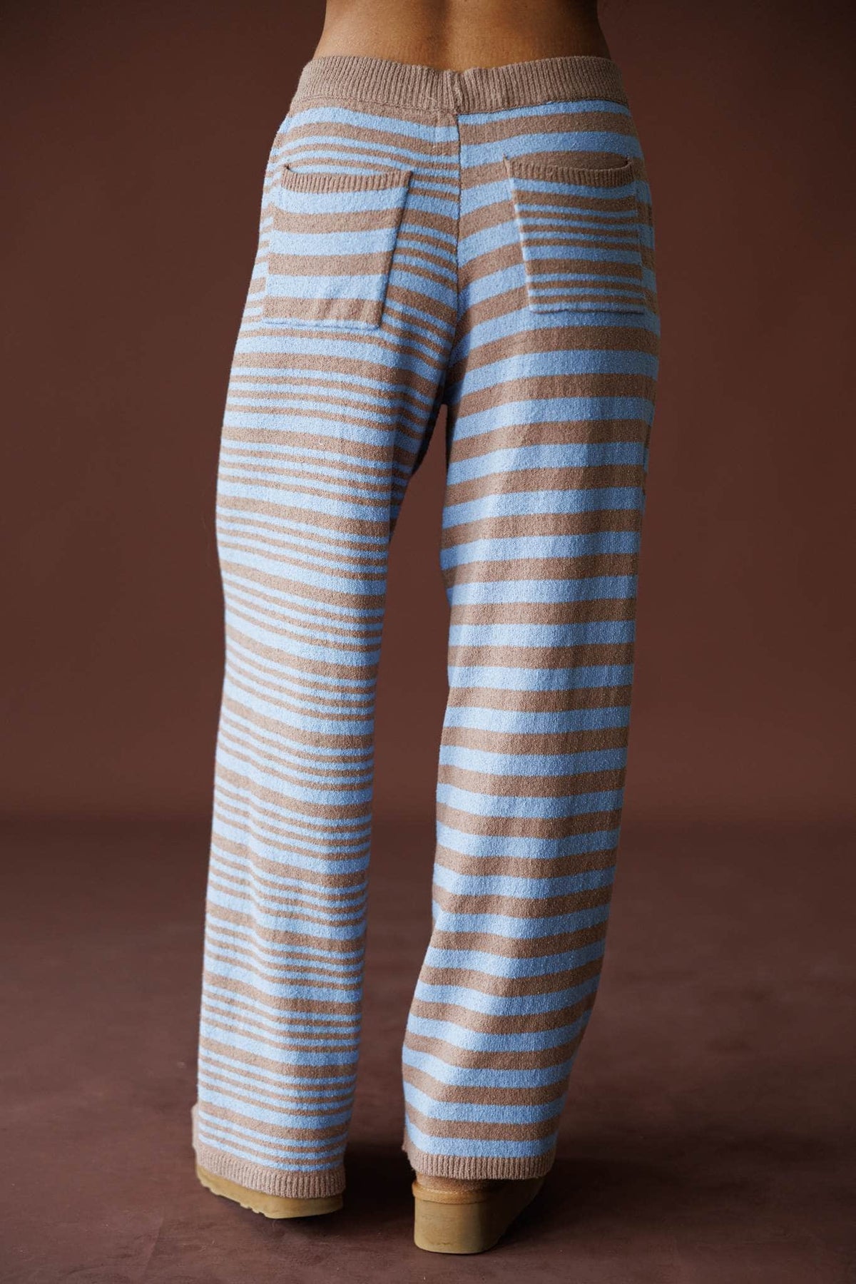 Latte Stripe Sweater Pants in latte and blue, back view showing the wide leg striped knit