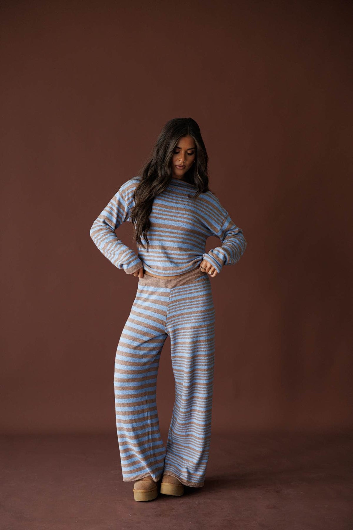 Latte Stripe Sweater Pants in latte and blue, full-length view with the matching sweater