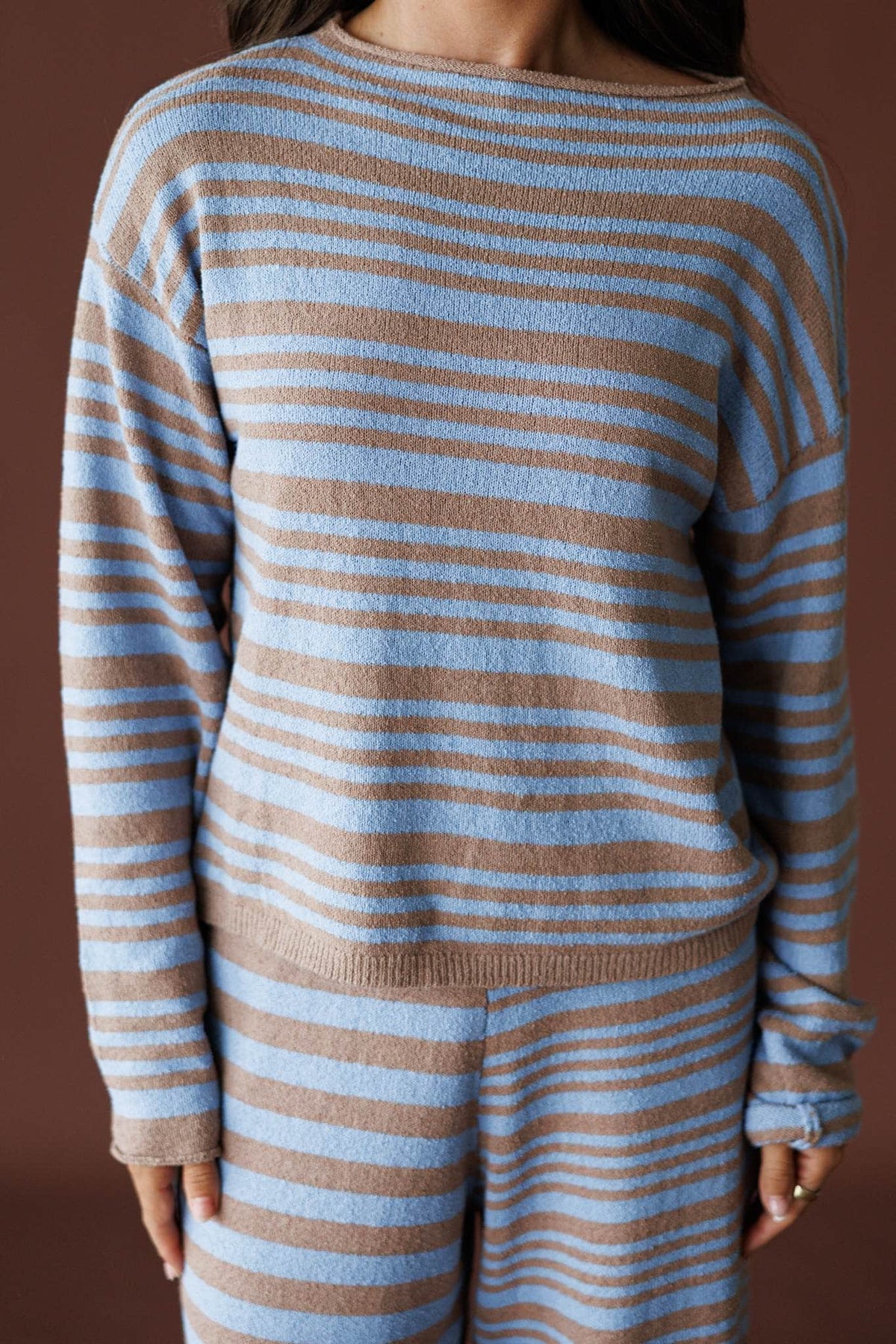 Latte Stripe Sweater in latte and blue, front close-up of the striped knit and boat neck
