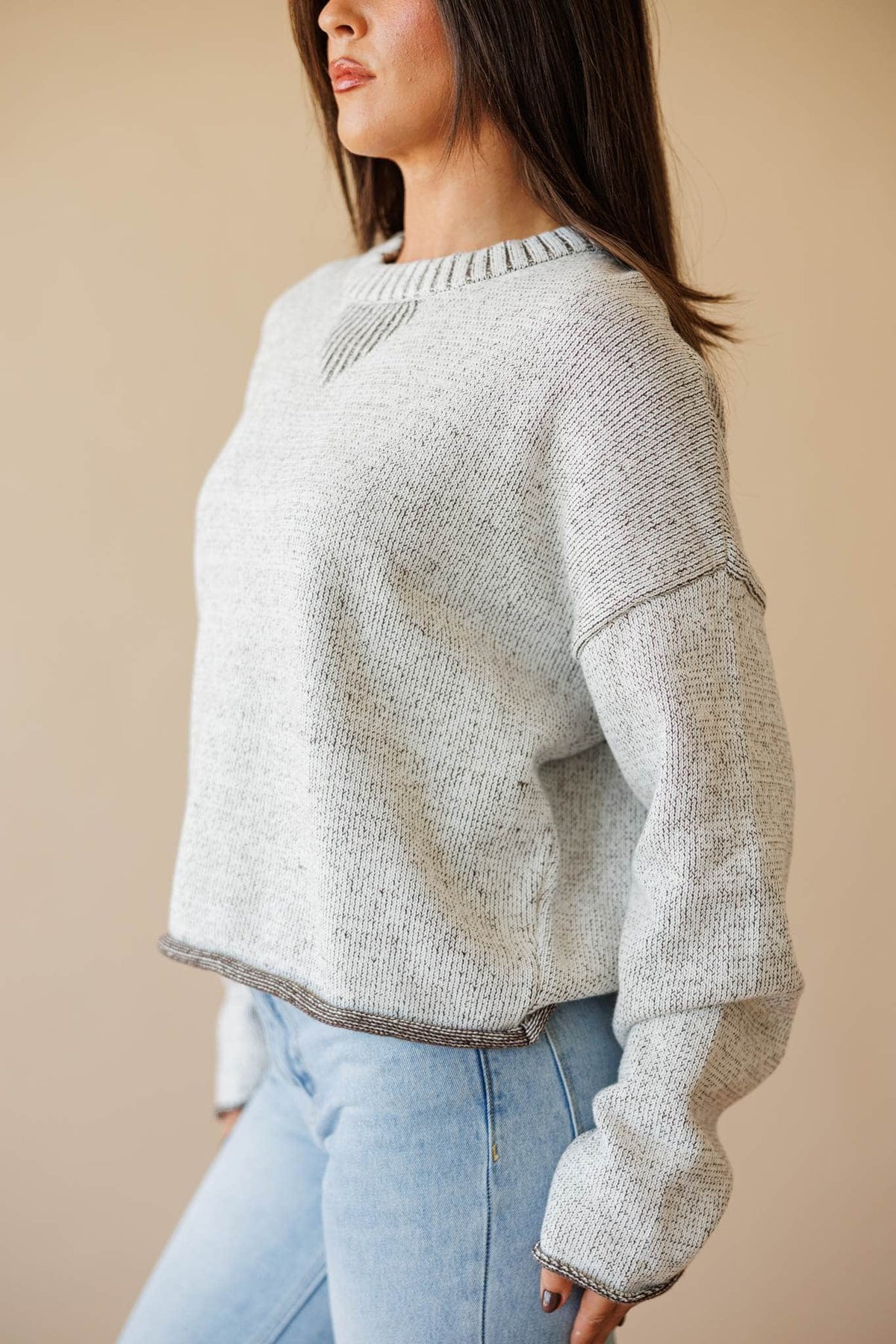 Two tone knit sweater with contrast trim