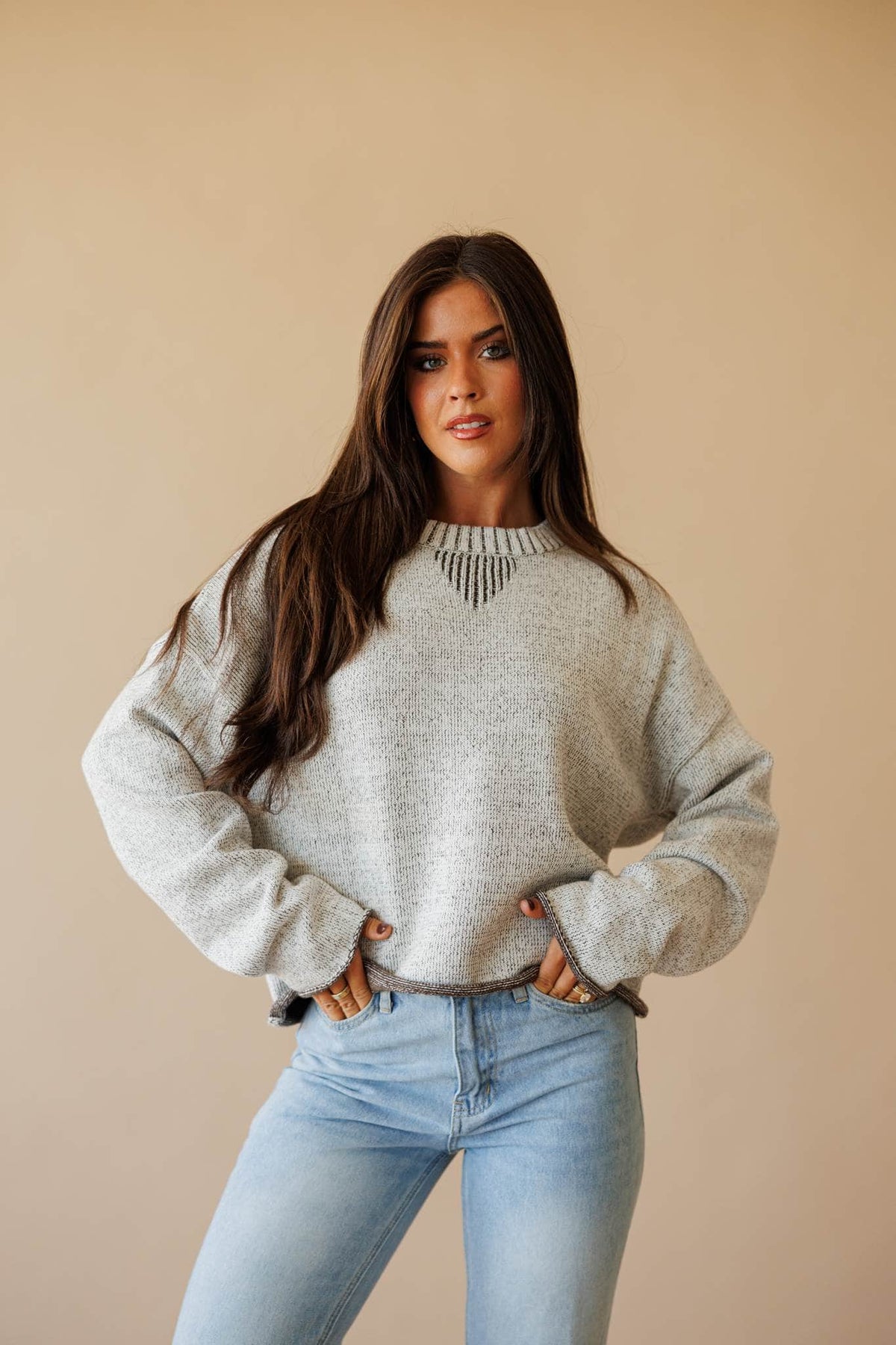 Two tone knit sweater with contrast trim