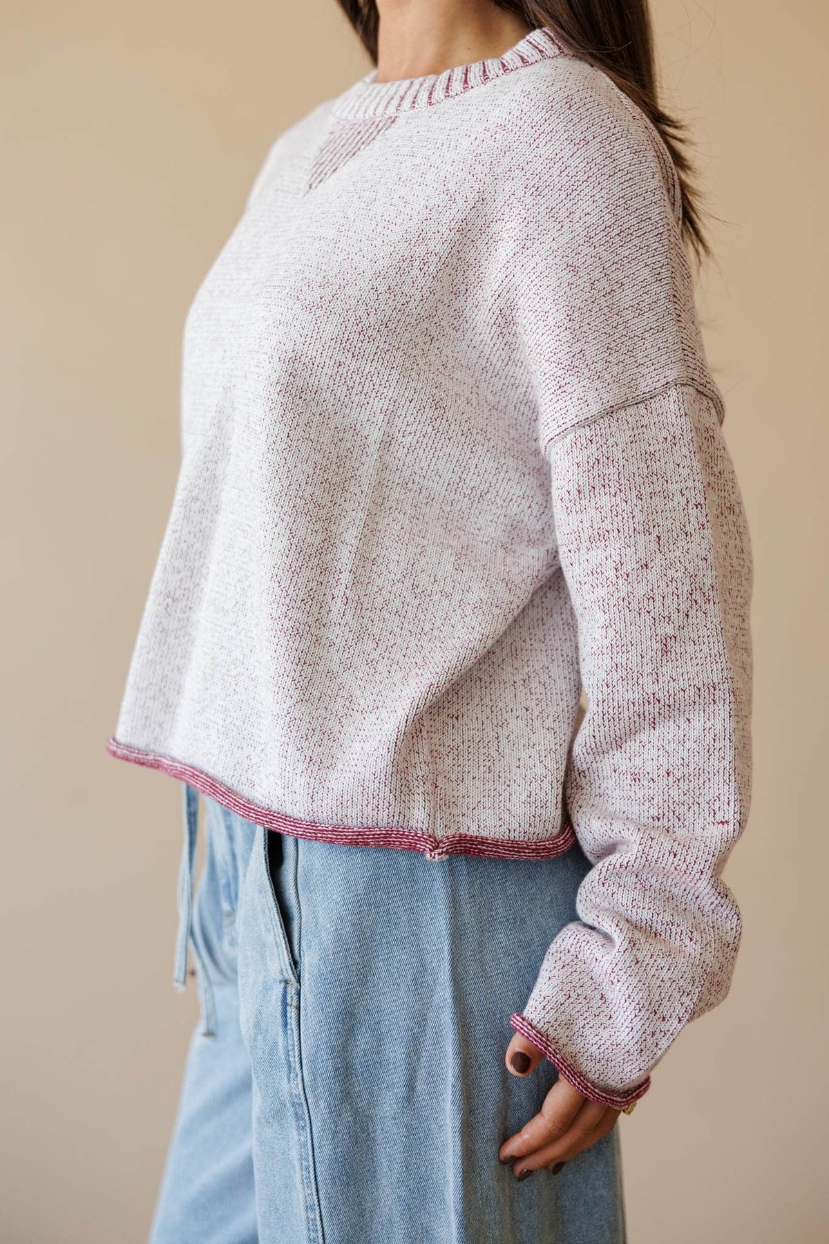 Two tone knit sweater with contrast trim